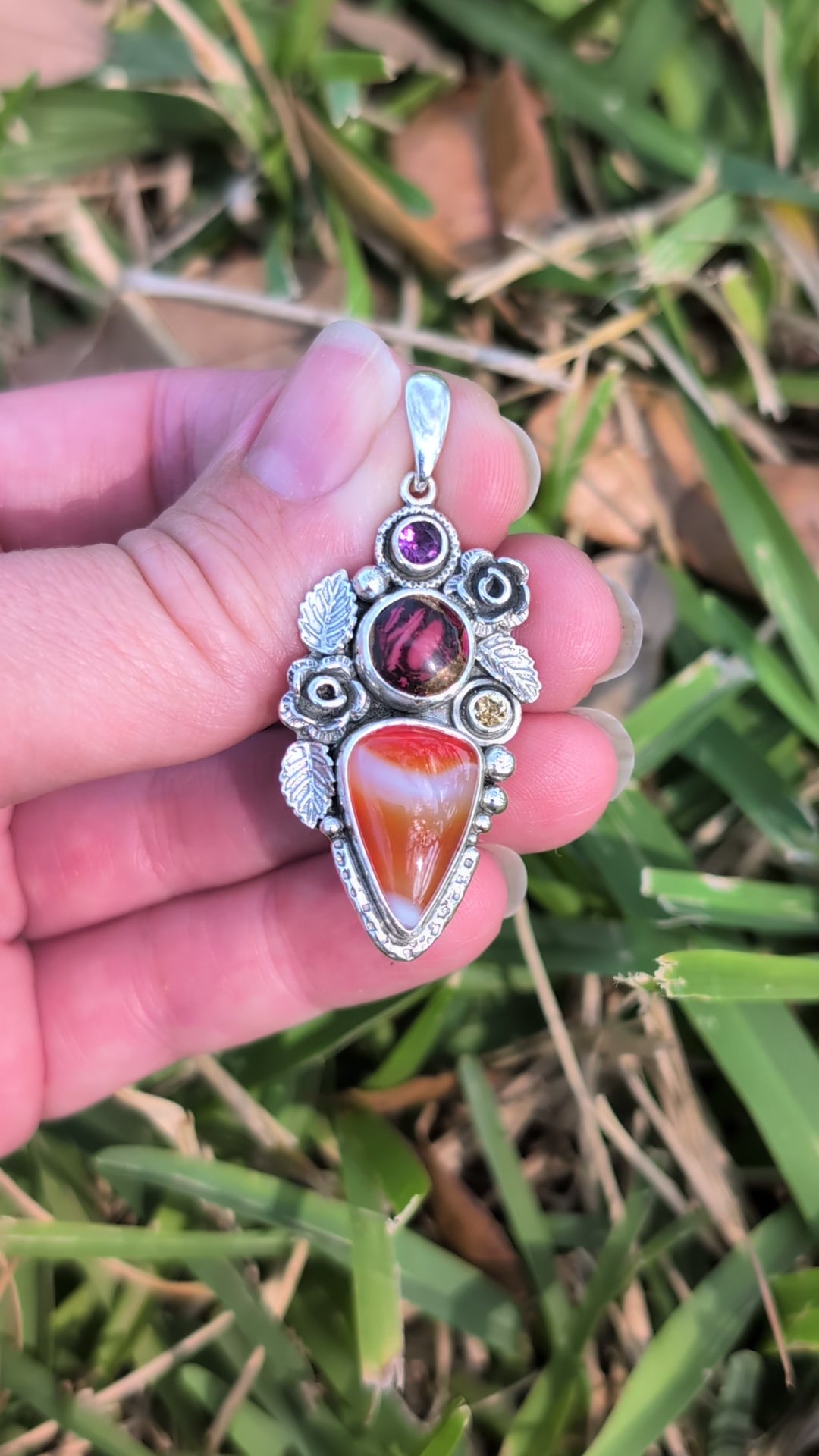 Banded Carnelian, Red Kingman, Citrine and Amethyst Sterling Silver Pendant