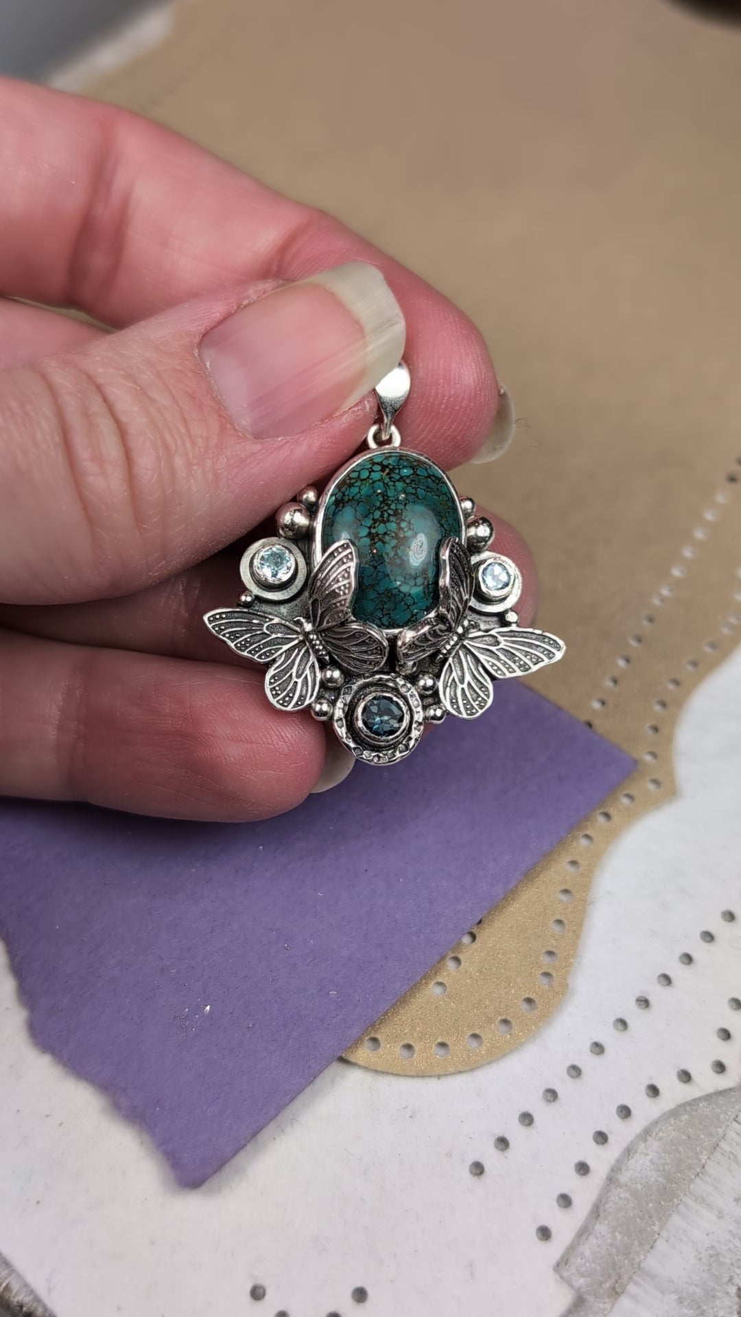 Turquoise, Swiss Blue Topaz and London Blue Topaz Sterling Silver Pendant, #2