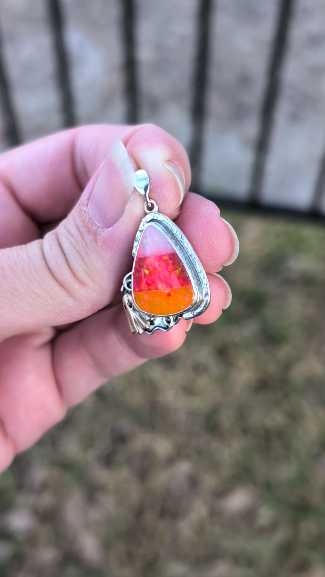 Glitter Opal Acrylic Candy Corn and Bronze Ghost Sterling Silver Pendant