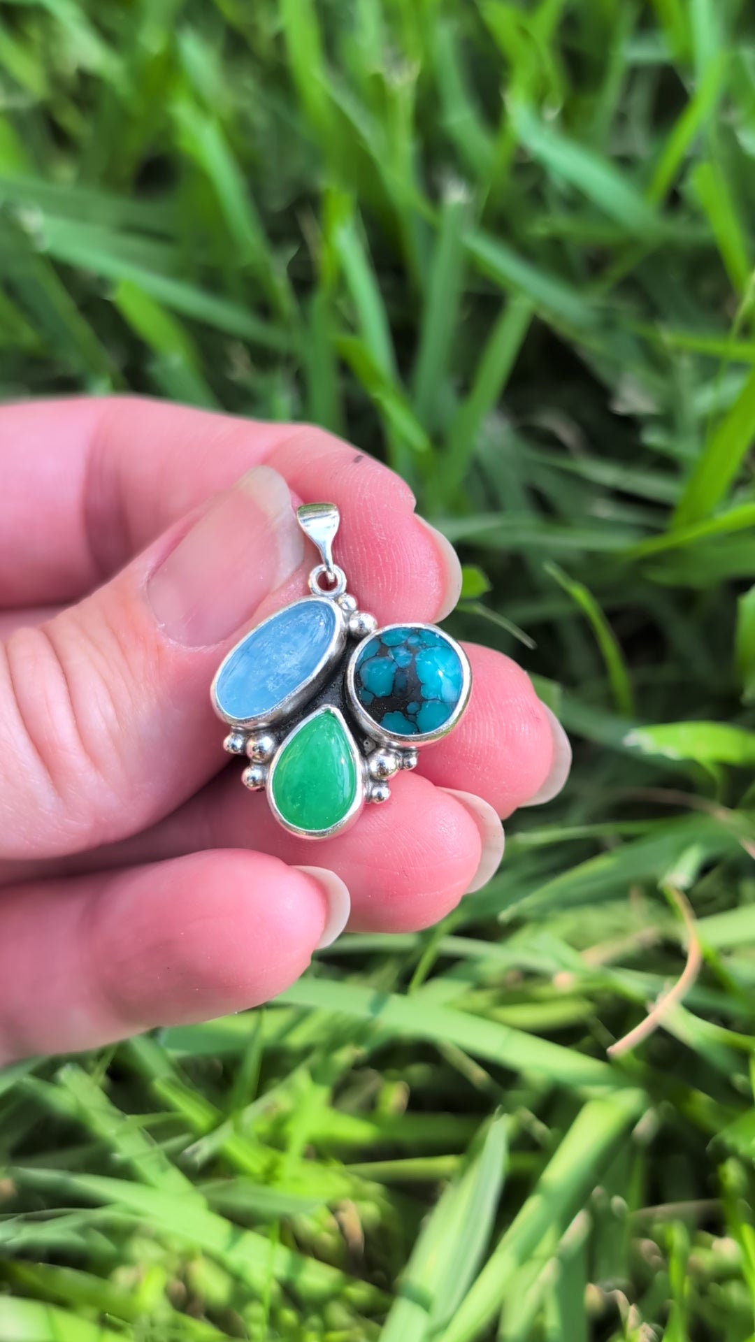 Turquoise, Chrysoprase, and Aquamarine Sterling Silver Pendant