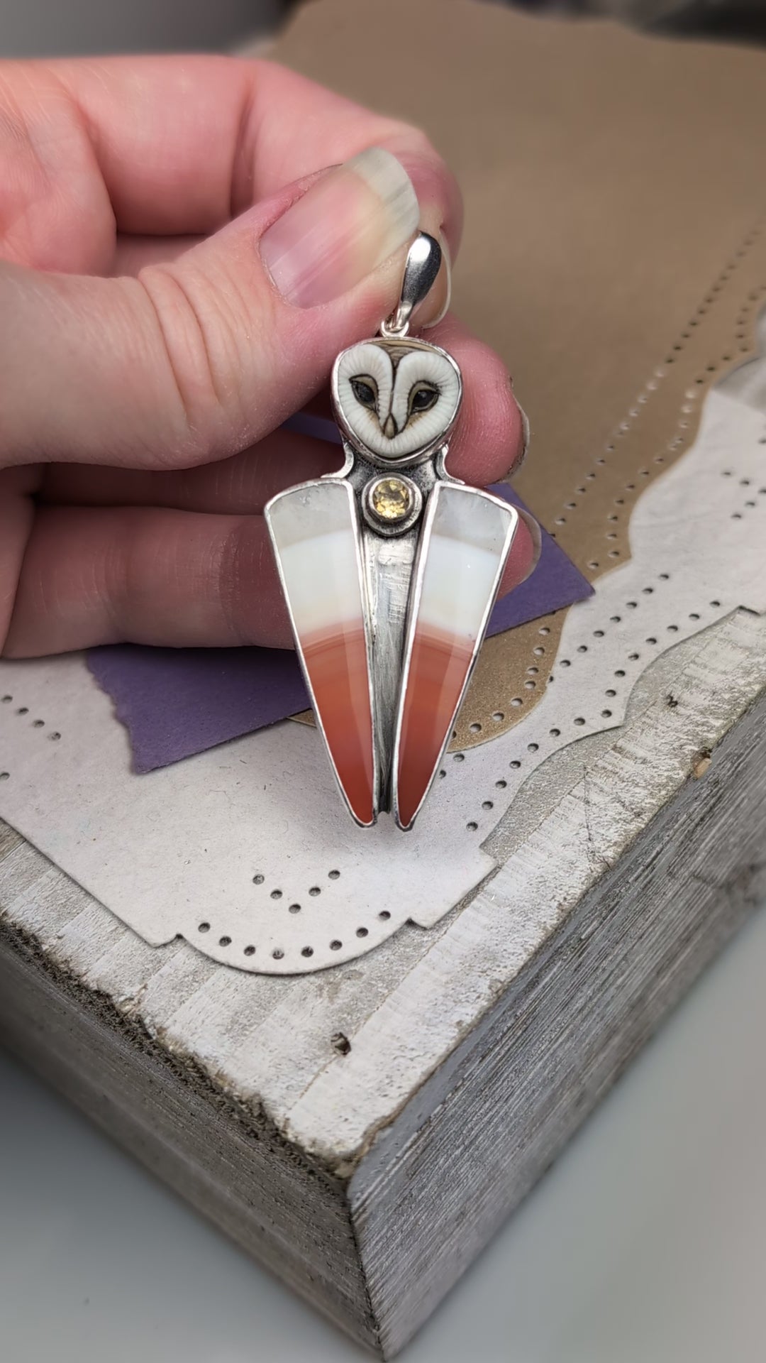 Laura Mears Porcelain, Banded Carnelian and Citrine Sterling Silver Pendant