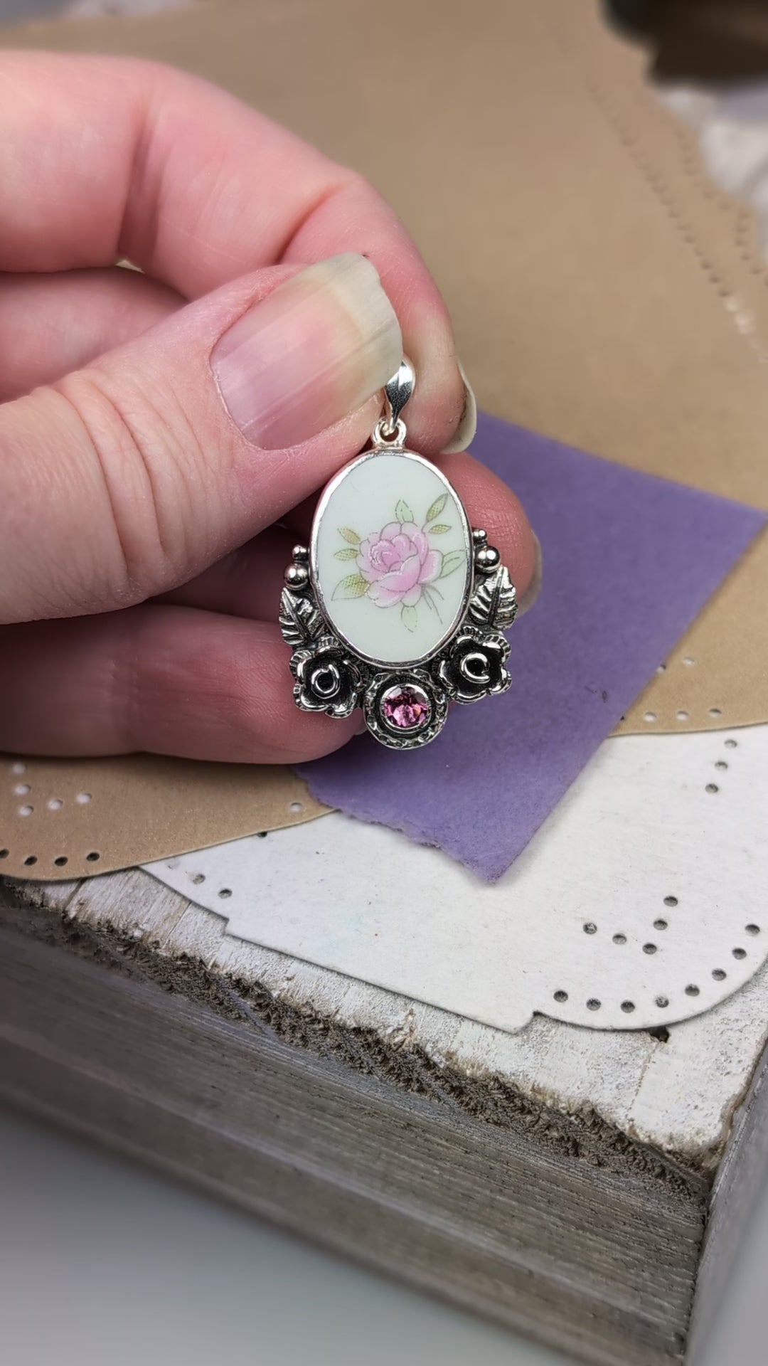 Antique China and Pink Tourmaline Sterling Silver Pendant
