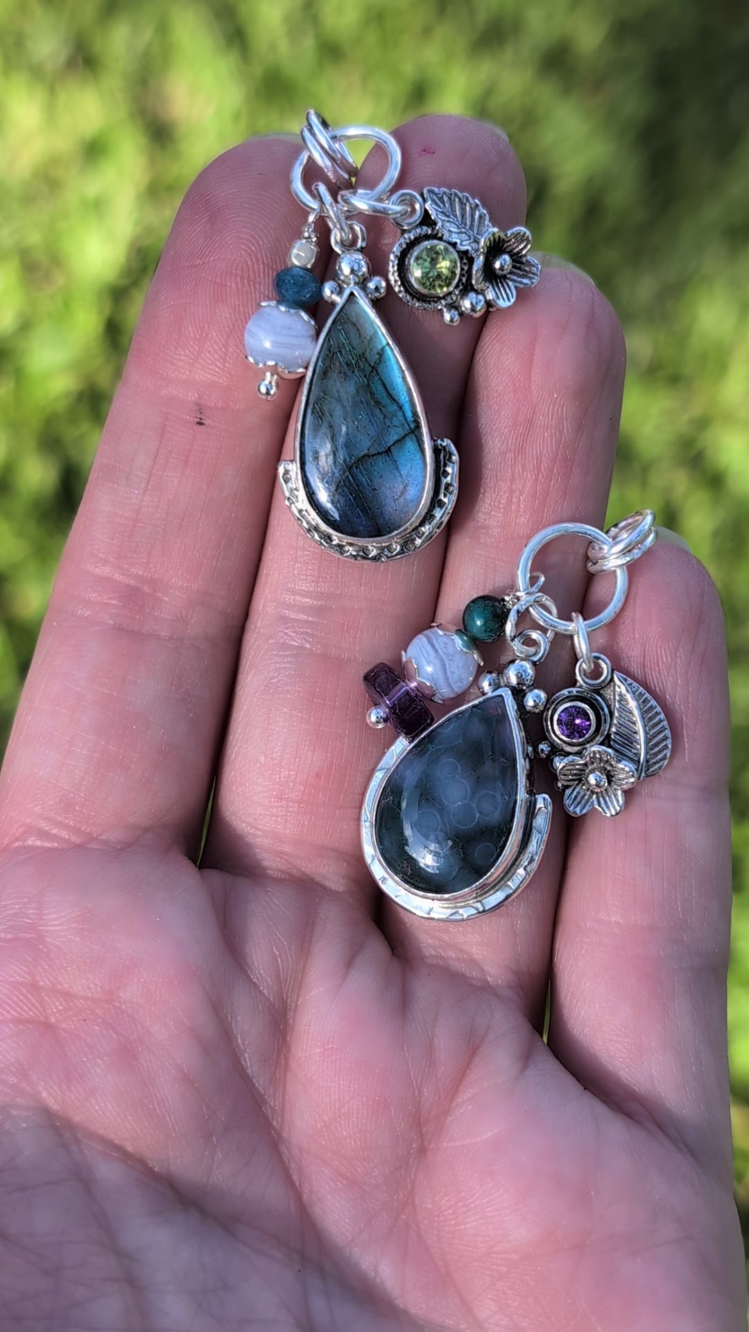 Labradorite, Peridot, Apatite and Lace Agate Charm Sterling Silver Necklace