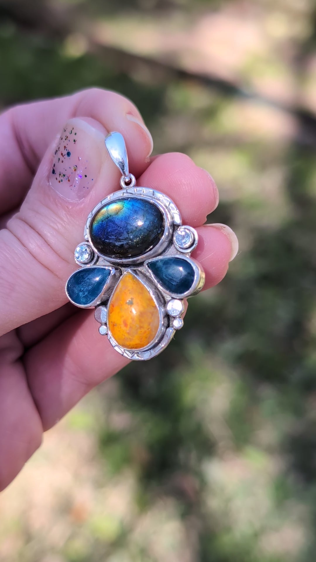 Labradorite, Bumblebee Jasper, Apatite and Sky Blue Topaz Sterling Silver Pendant