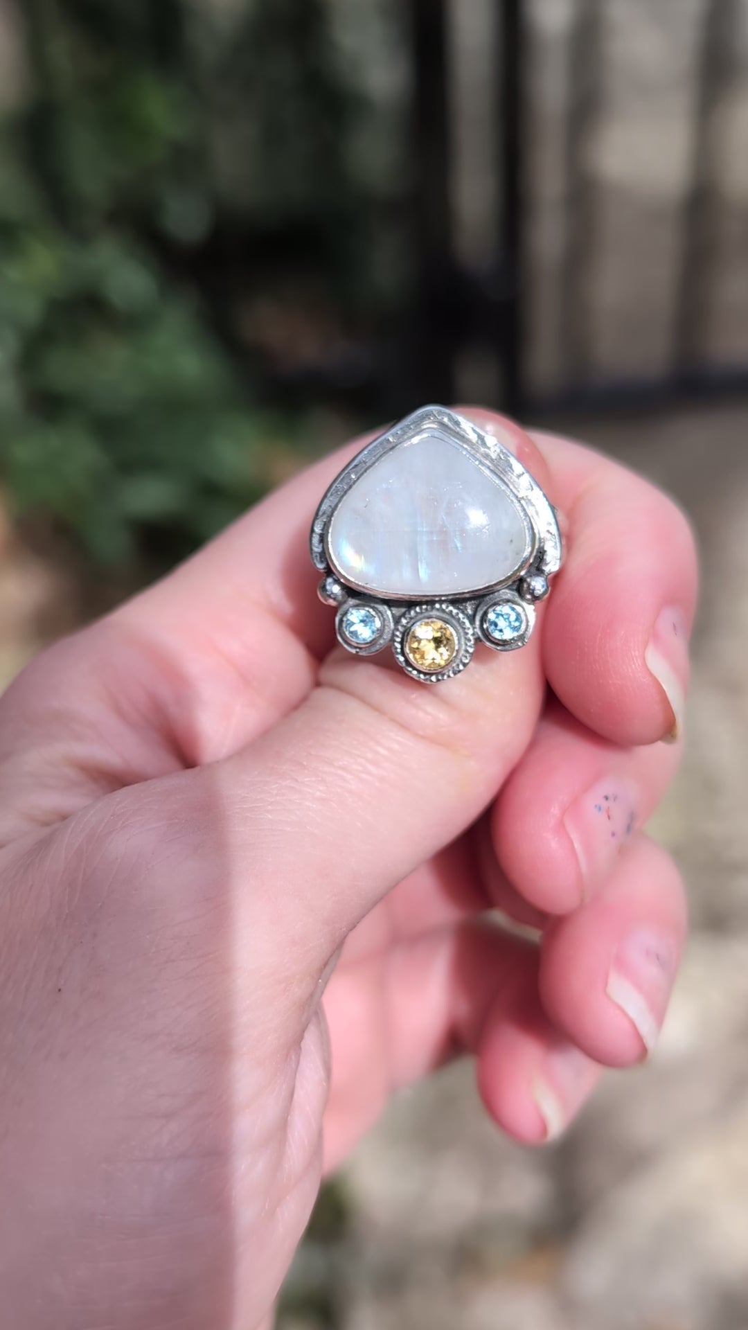 Size 8.5, Moonstone, Blue Topaz and Citrine Sterling Silver Ring