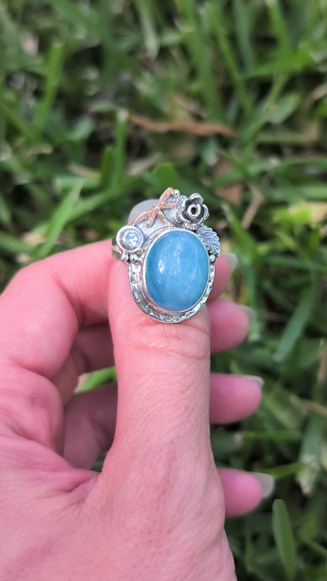 Size 7.5, Aquamarine, Sky Blue Topaz and Bronze Dragonfly Sterling Silver Ring