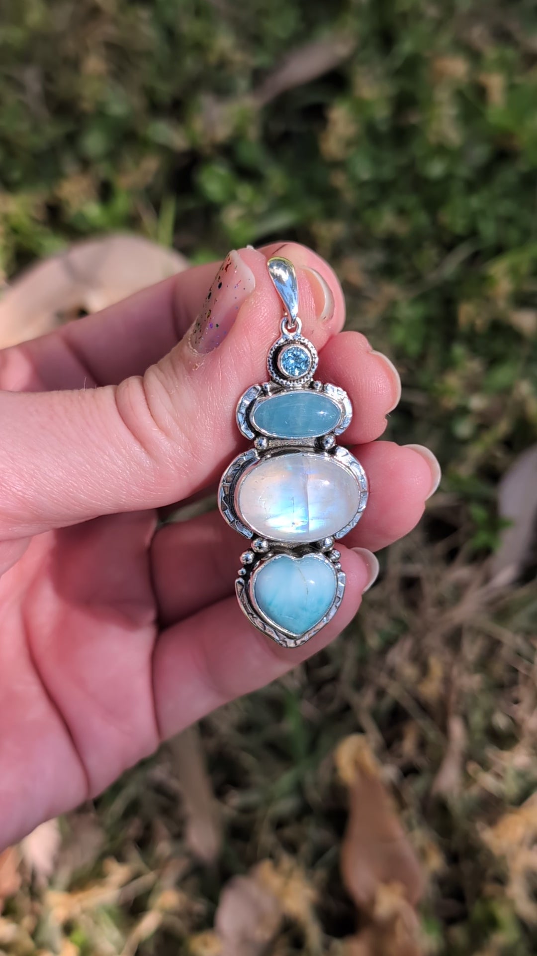 Aquamarine, Moonstone, Larimar and Sky Blue Topaz Sterling Silver Pendant