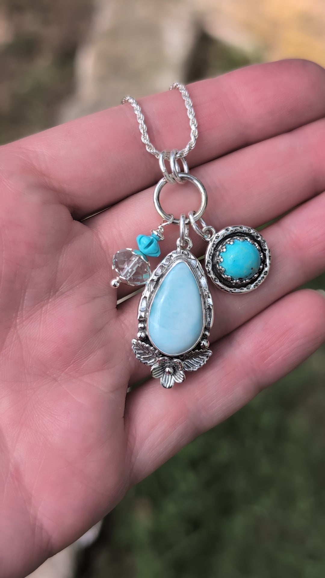 Larimar, Turquoise, and Quartz Charm Sterling Silver Necklace