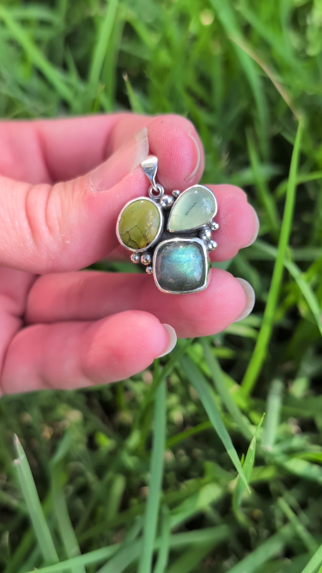 Labradorite, Prehnite, and Turquoise Sterling Silver Pendant