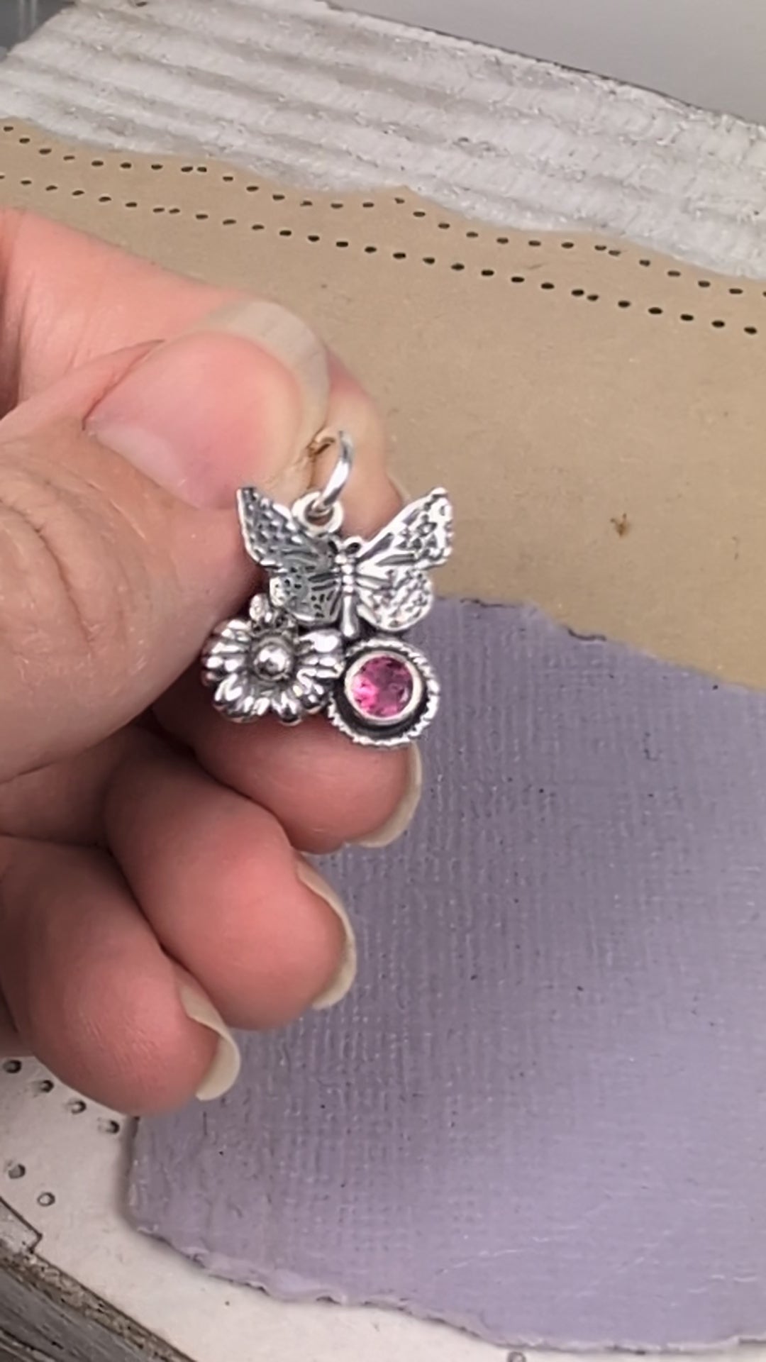 Pink Tourmaline Butterfly Sterling Silver Charm