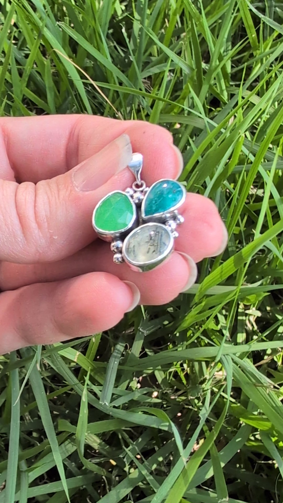 Turquoise, Chrysoprase, and Prehnite Sterling Silver Pendant