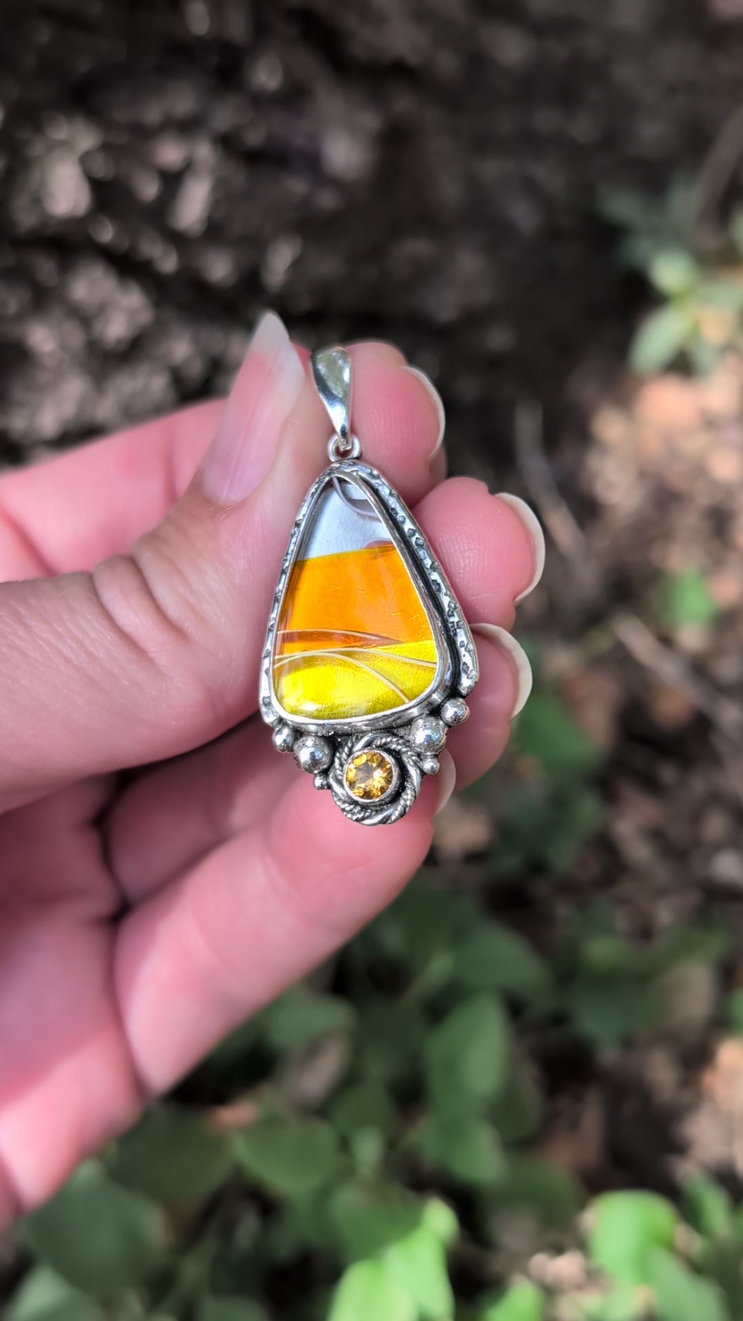 Acrylic Candy Corn and Citrine Sterling Silver Pendant