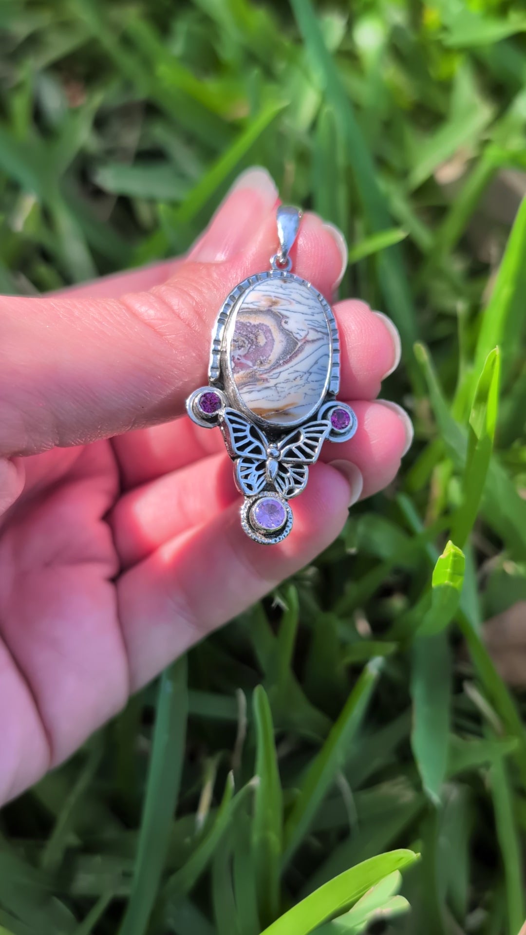 Copper Petrified Wood, Amethyst and Rhodolite Garnet Sterling Silver Pendant