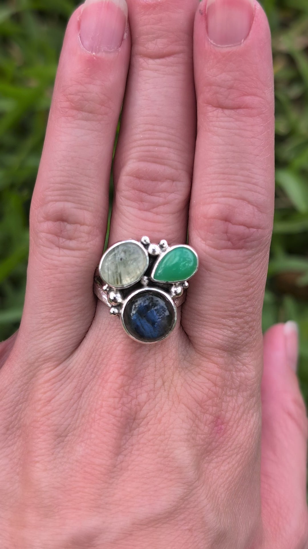 Size 9, Labradorite, Chrysoprase and Prehnite Sterling Silver