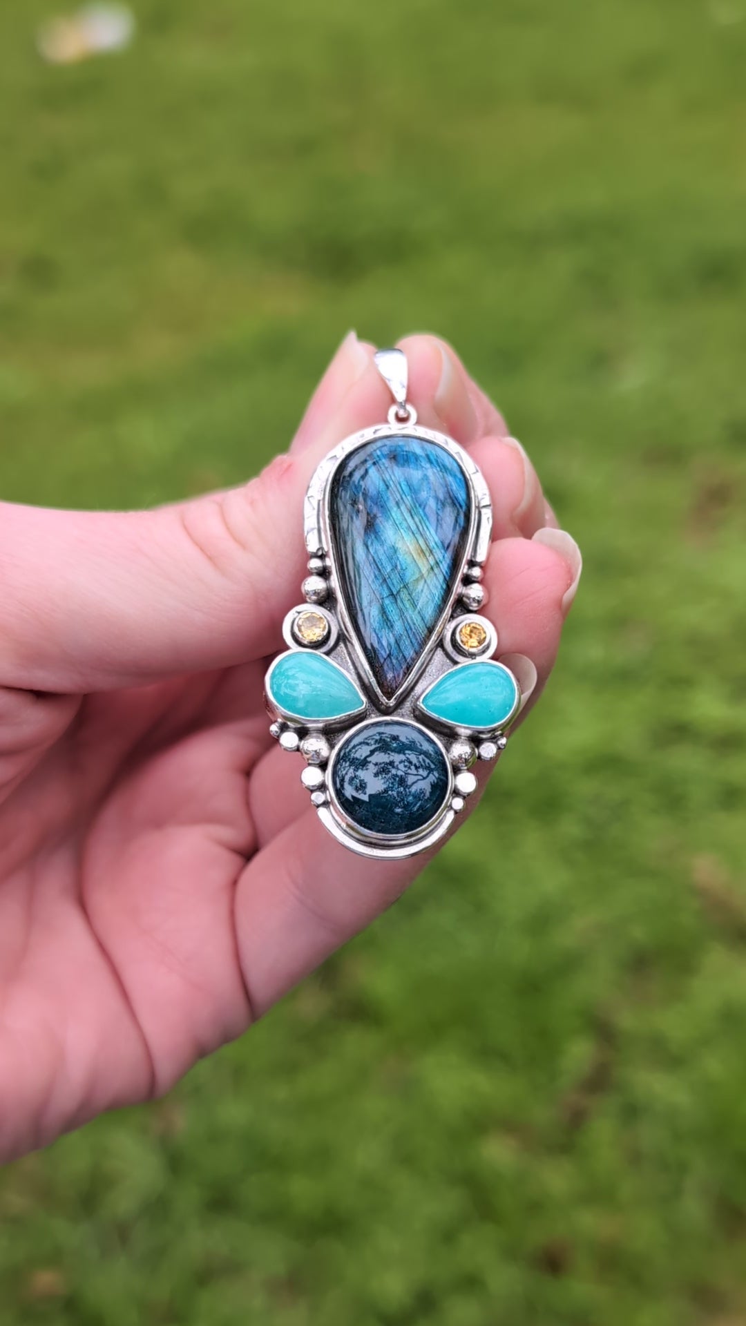 Labradorite, Amazonite, Apatite, and Citrine Sterling Silver Pendant