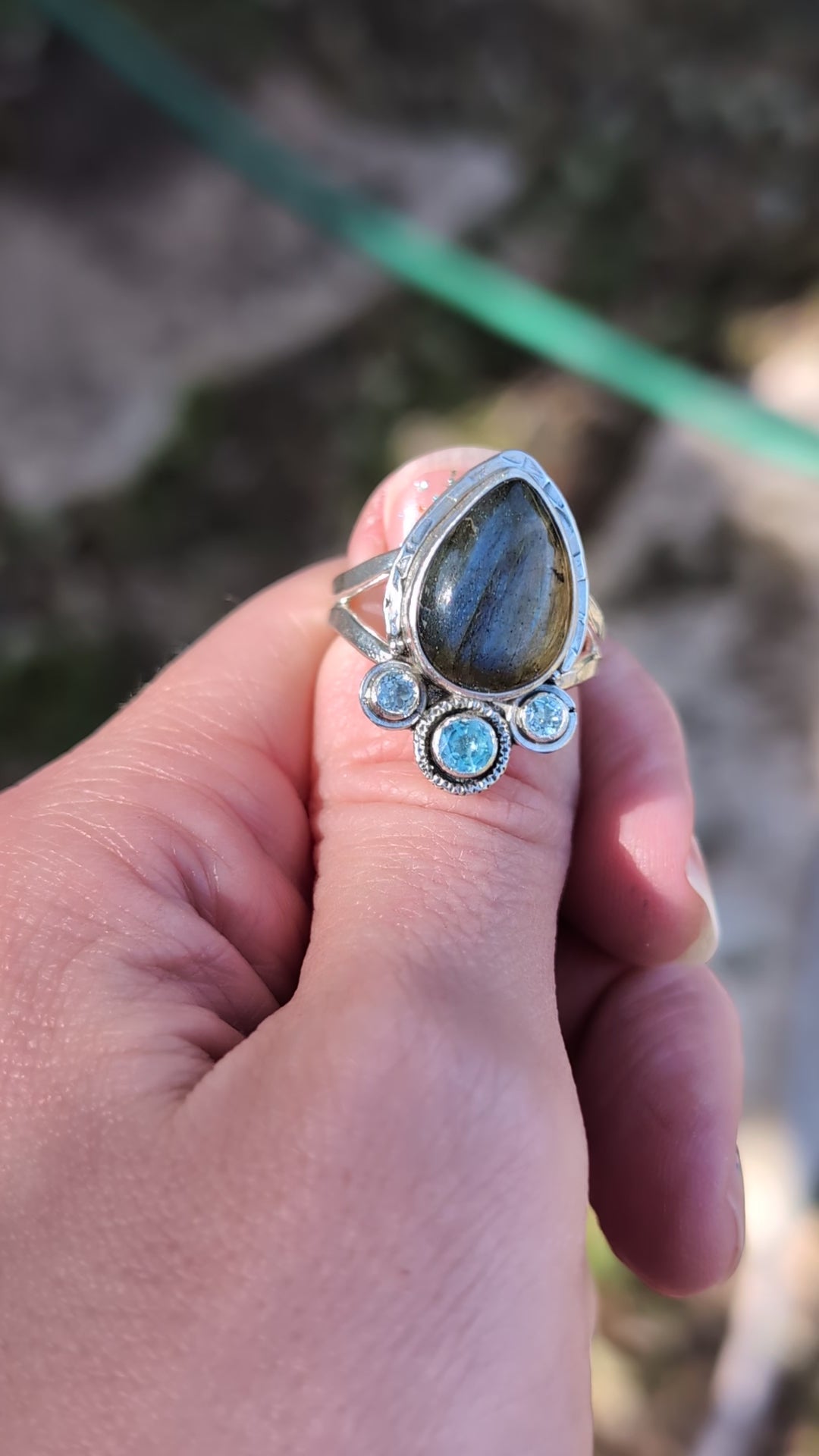 Size 8, Labradorite and Blue Topaz Sterling Silver Ring, #1