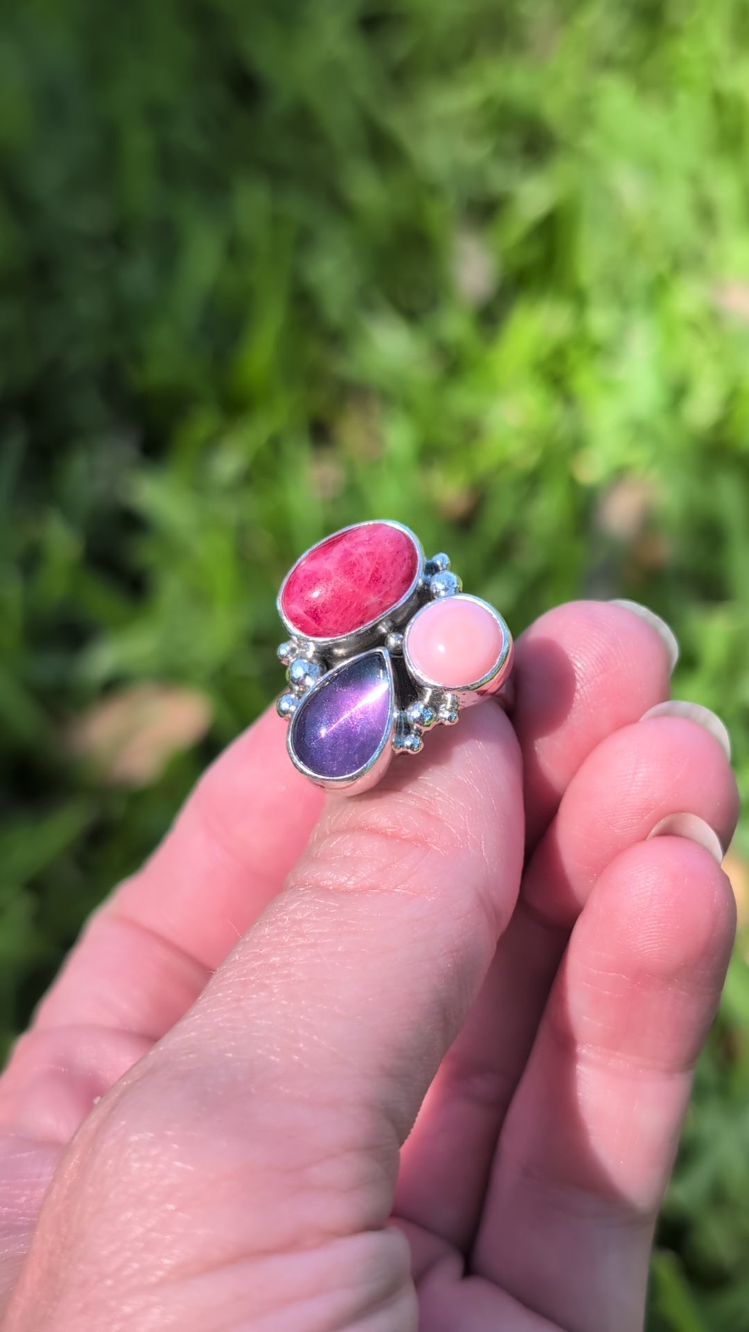 Size 8, Rhodonite, Conch Shell and Fluorite Sterling Silver Ring