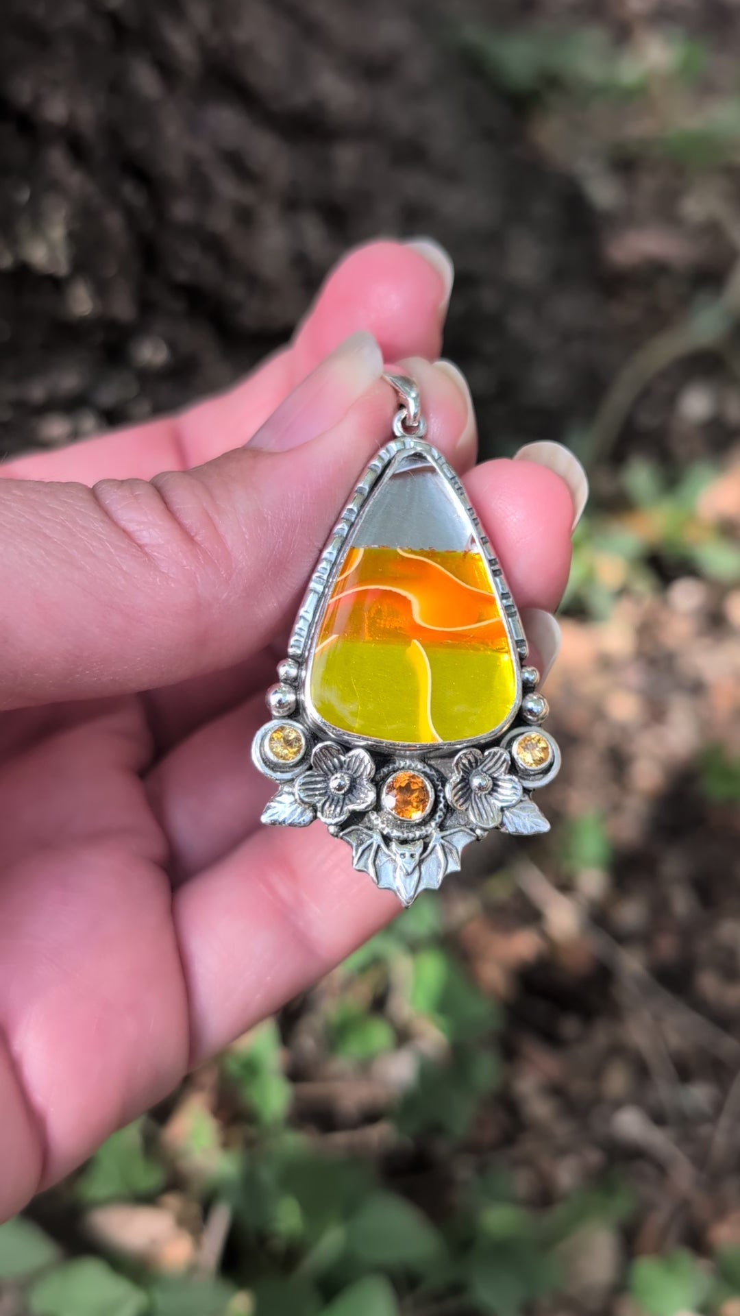 Acrylic Candy Corn, Hessonite Garnet and Citrine Sterling Silver Pendant