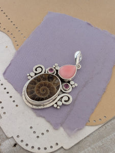 Ammonite, Conch Shell and Rhodolite Garnet Sterling Silver Pendant, Small