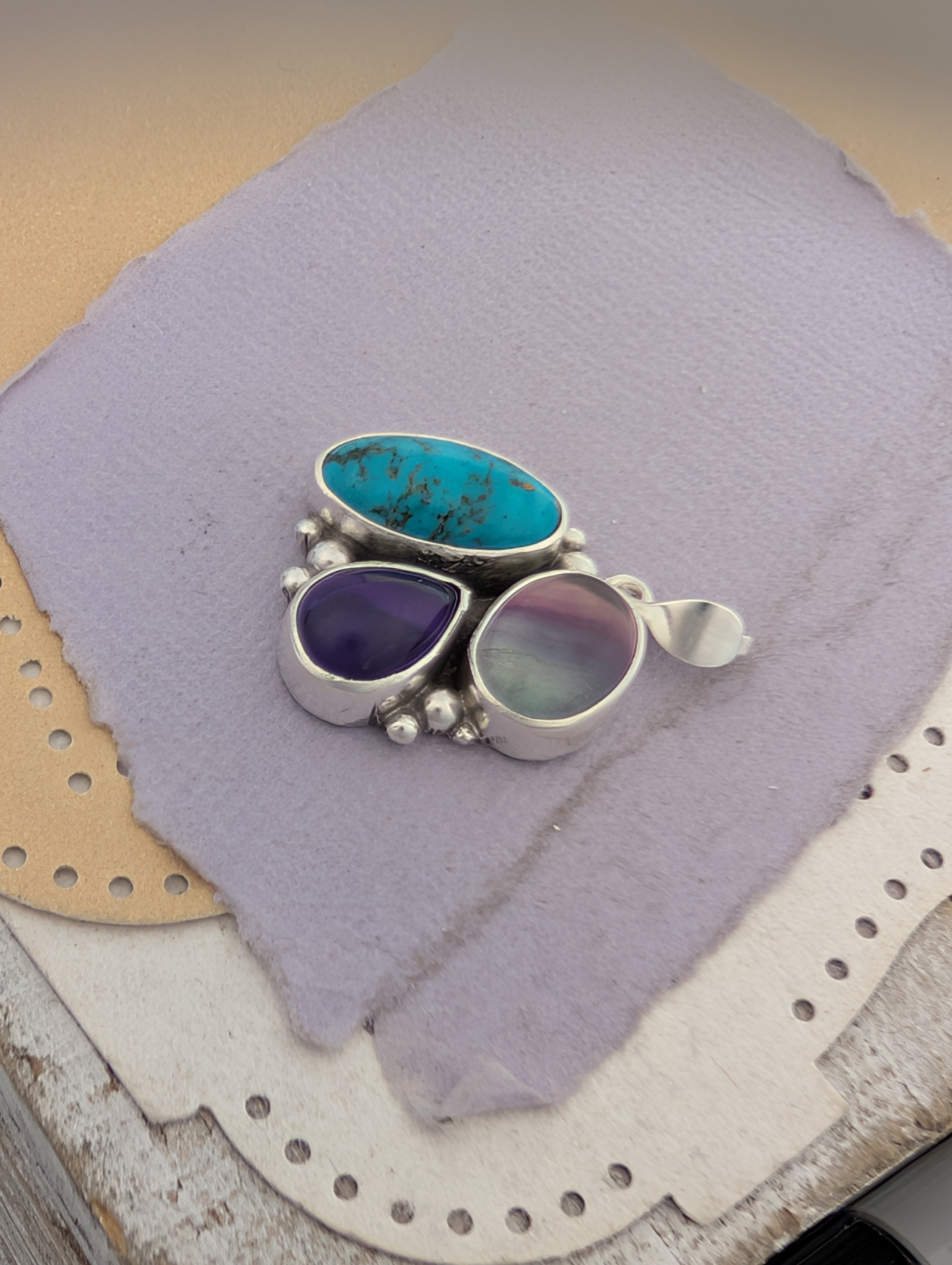 Turquoise, Amethyst, and Fluorite Sterling Silver Pendant