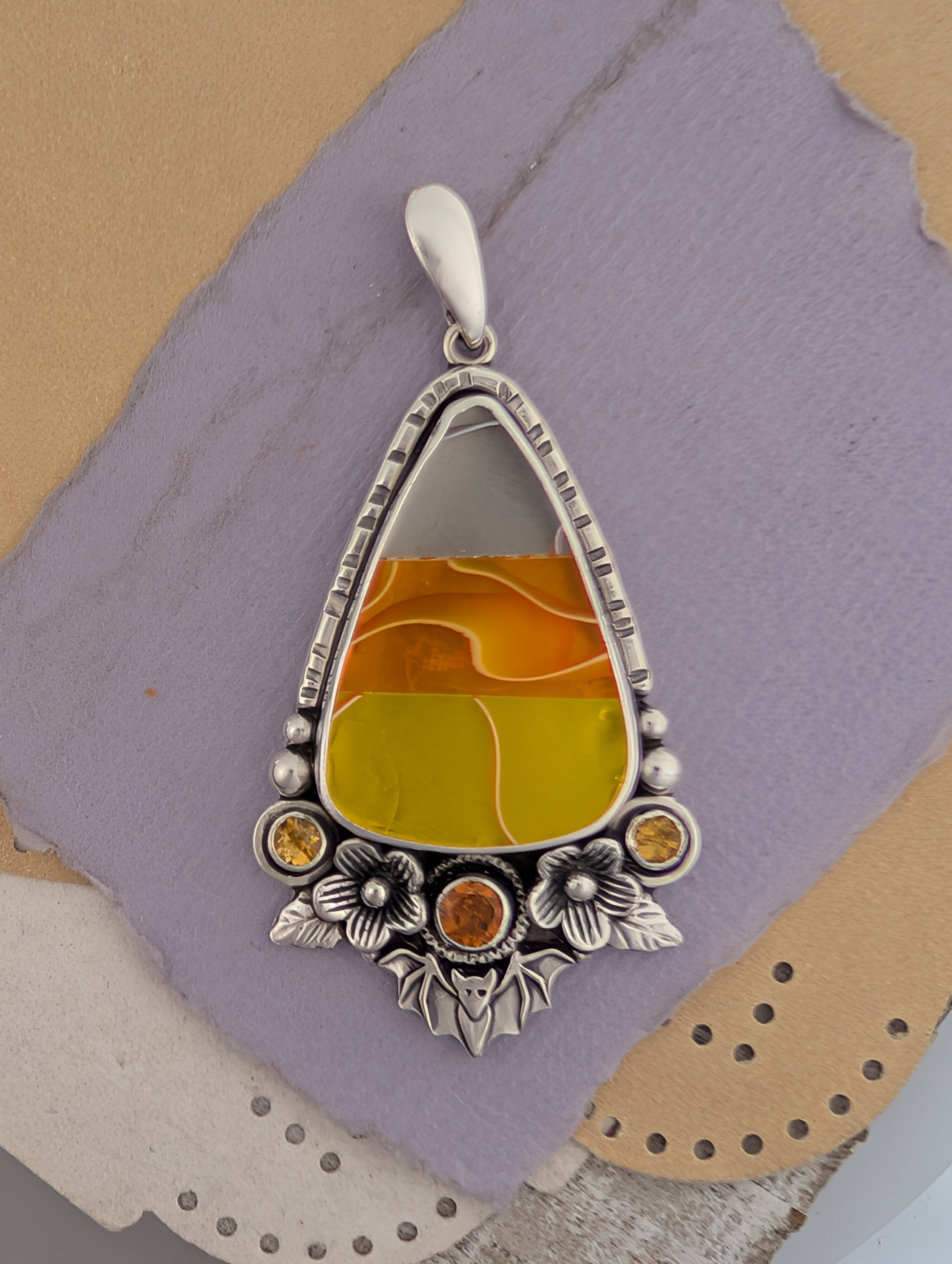 Acrylic Candy Corn, Hessonite Garnet and Citrine Sterling Silver Pendant