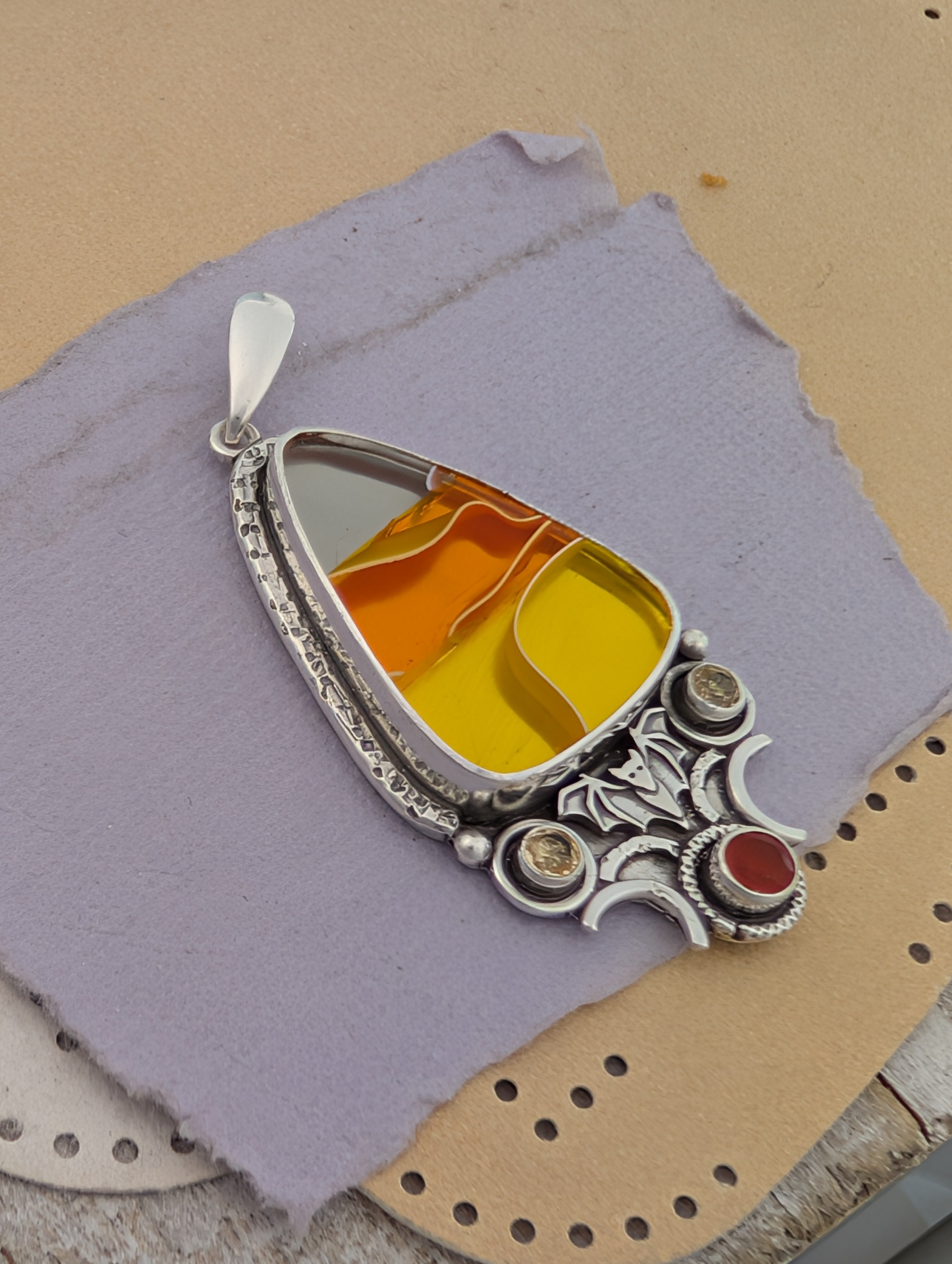 Acrylic Candy Corn, Carnelian and Citrine Sterling Silver Pendant
