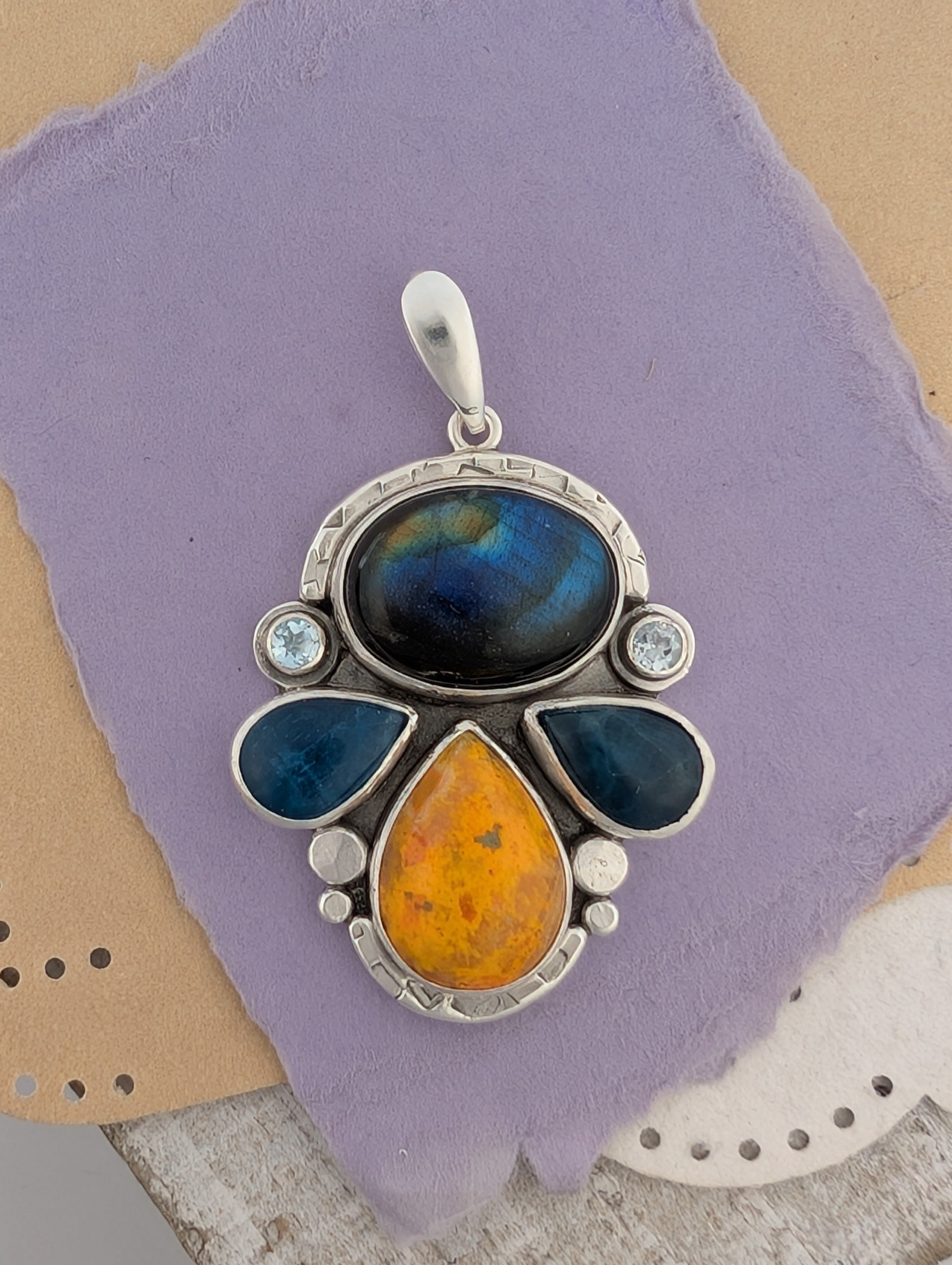 Labradorite, Bumblebee Jasper, Apatite and Sky Blue Topaz Sterling Silver Pendant