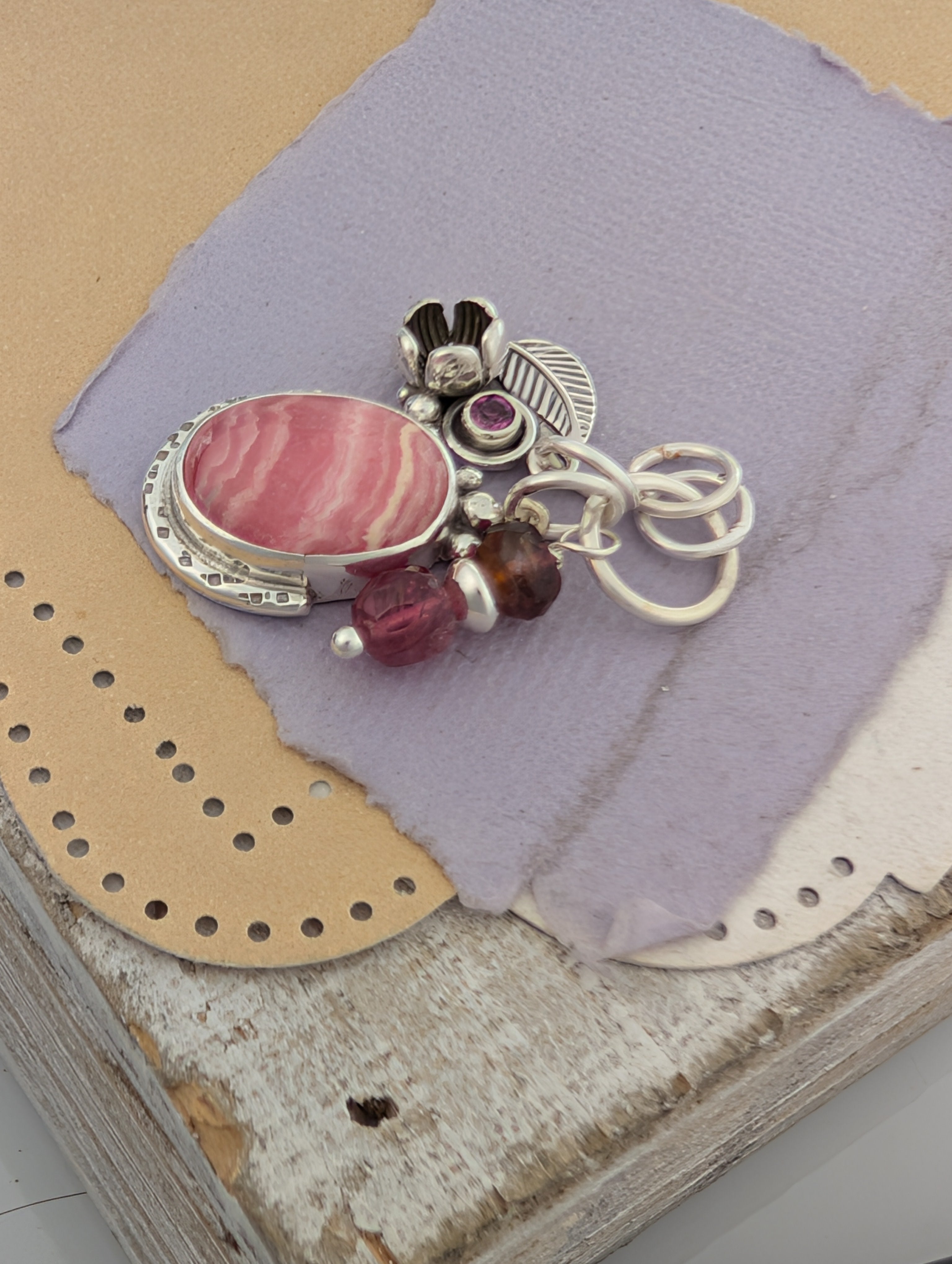 Rhodochrosite, Rhodolite Garnet and Tourmaline Charm Sterling Silver Necklace