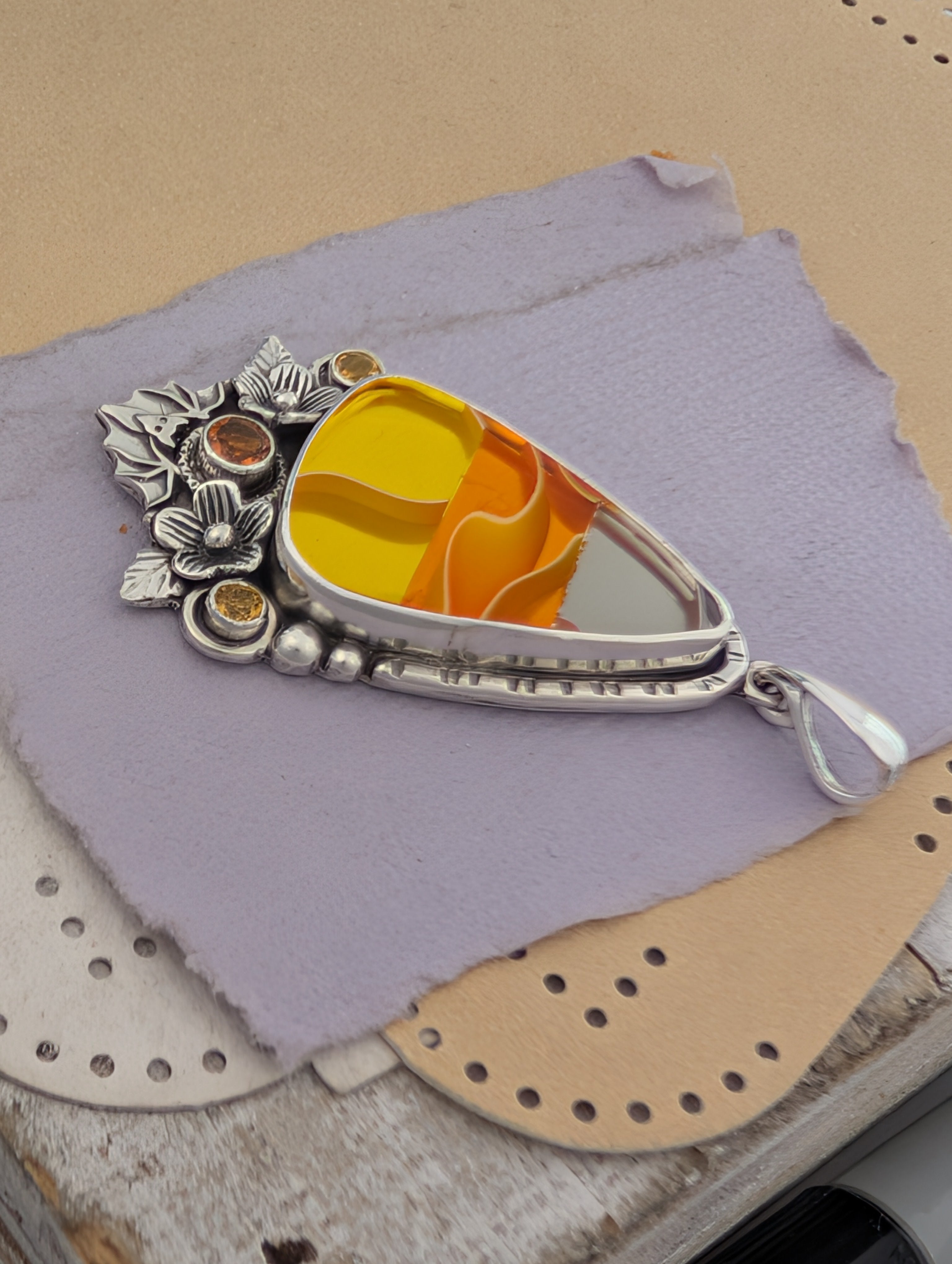 Acrylic Candy Corn, Hessonite Garnet and Citrine Sterling Silver Pendant