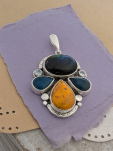 Labradorite, Bumblebee Jasper, Apatite and Sky Blue Topaz Sterling Silver Pendant