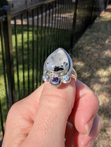 Size 8, Moonstone, Blue Topaz and Iolite Sterling Silver Ring