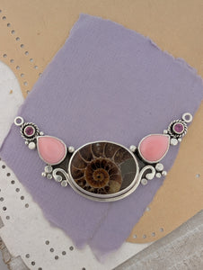 Ammonite Fossil, Conch Shell and Rhodolite Garnet Sterling Silver Necklace