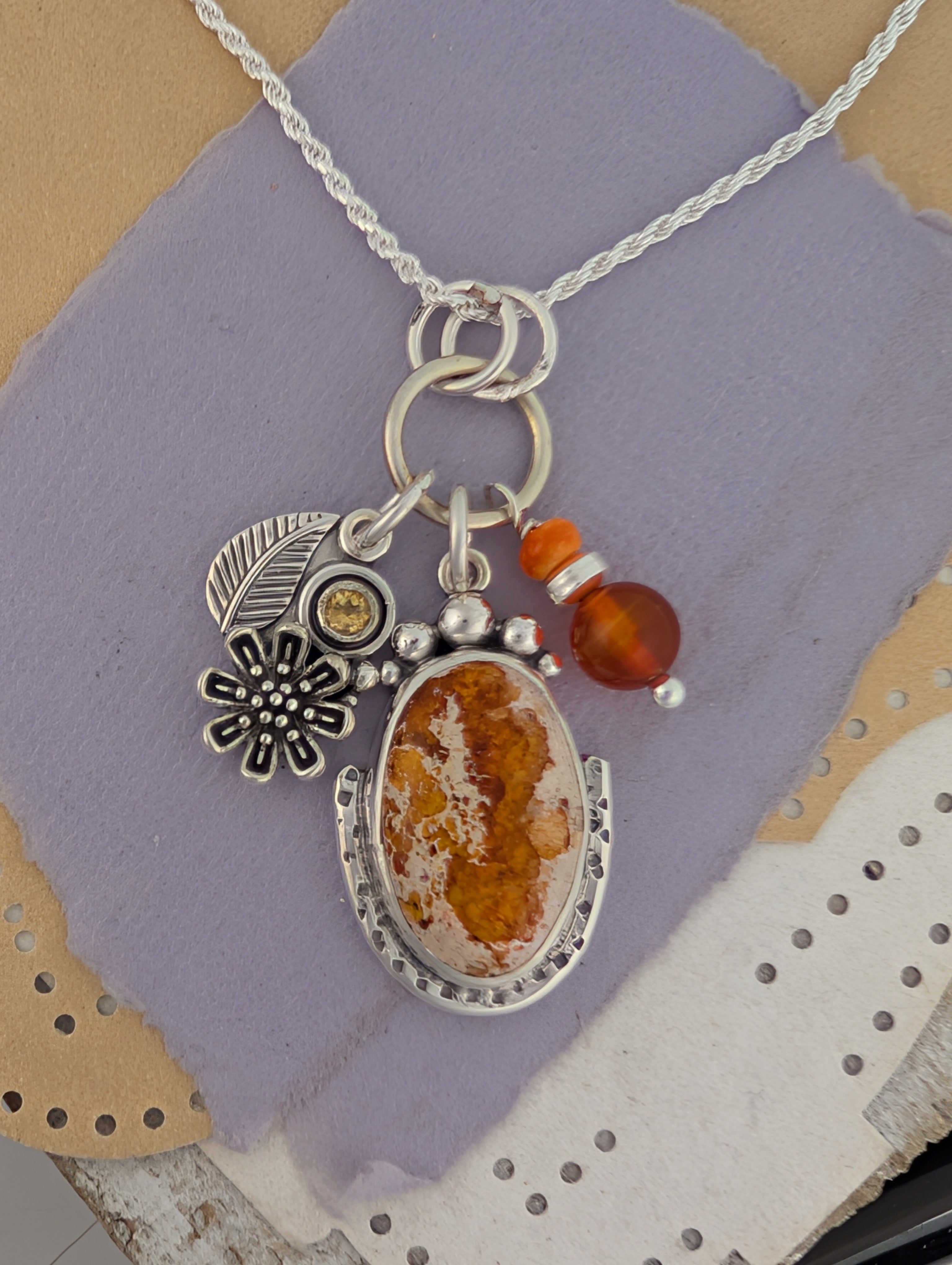Mexican Jelly Opal, Citrine and Carnelian Charm Sterling Silver Necklace