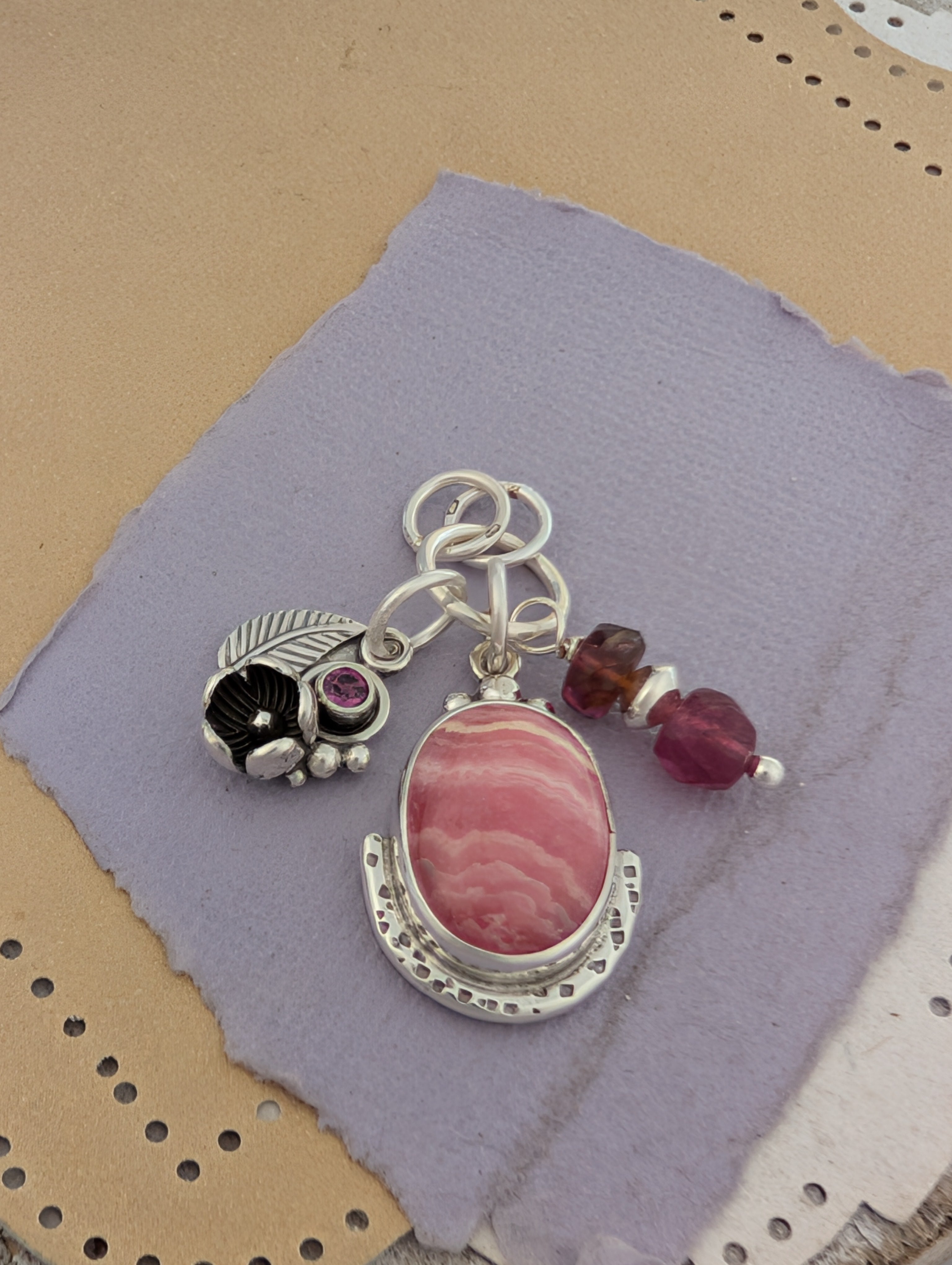 Rhodochrosite, Rhodolite Garnet and Tourmaline Charm Sterling Silver Necklace