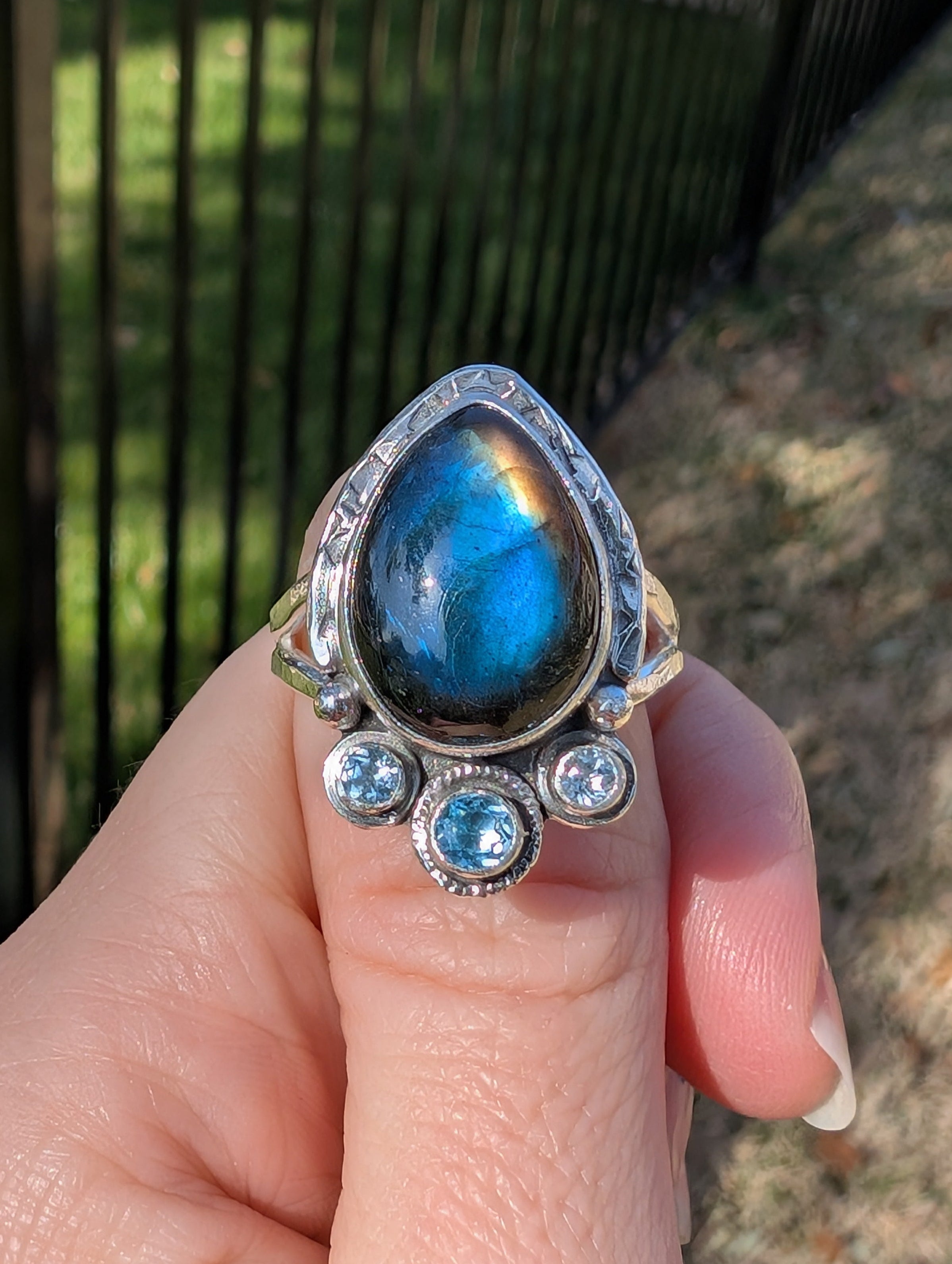 Size 10, Labradorite and Blue Topaz Sterling Silver Ring