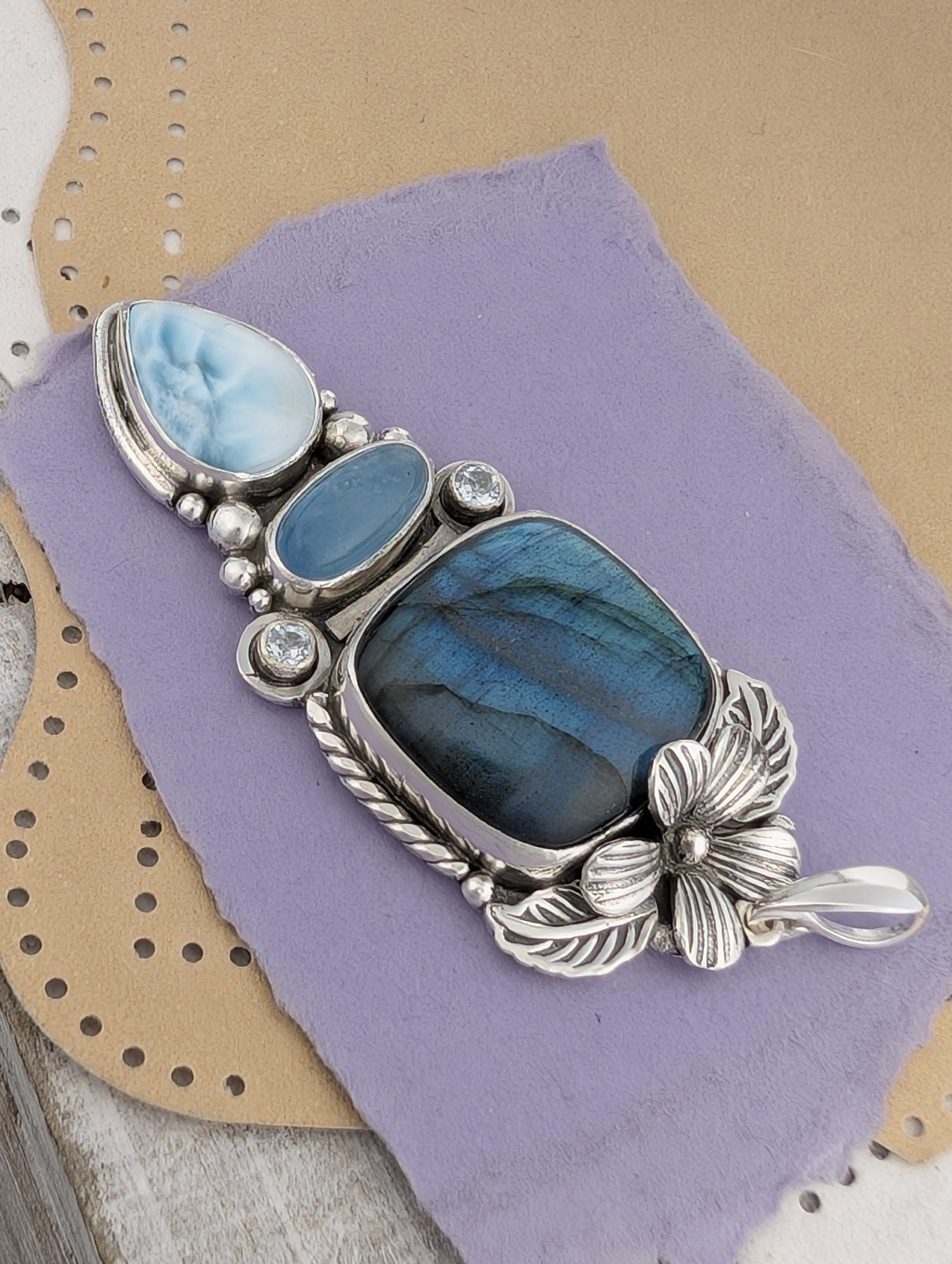 Labradorite, Aquamarine, Larimar and Sky Blue Topaz Sterling Silver Flower Pendant