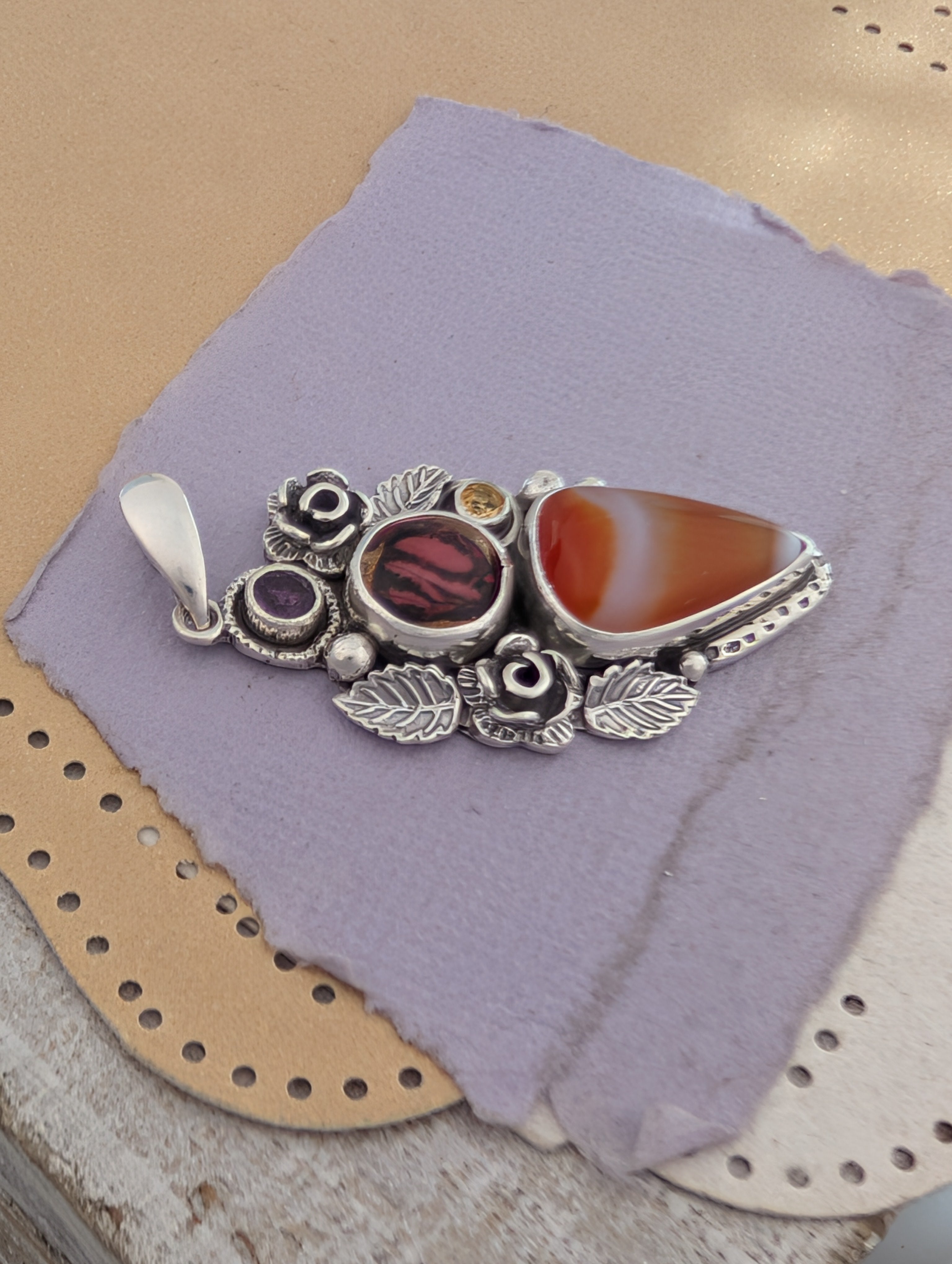Banded Carnelian, Red Kingman, Citrine and Amethyst Sterling Silver Pendant