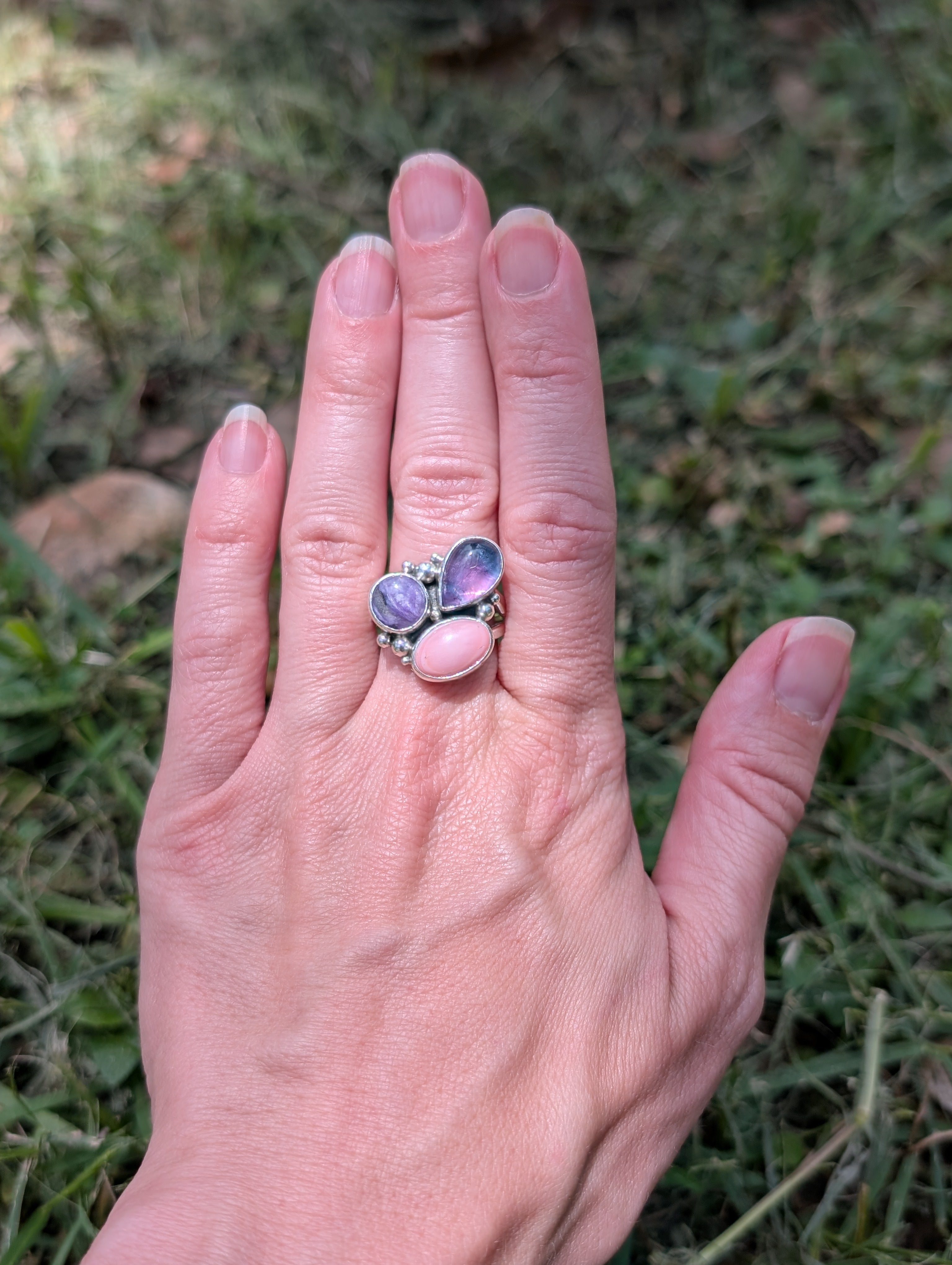 Size 9.5, Charoite, Conch Shell and Fluorite Sterling Silver Ring