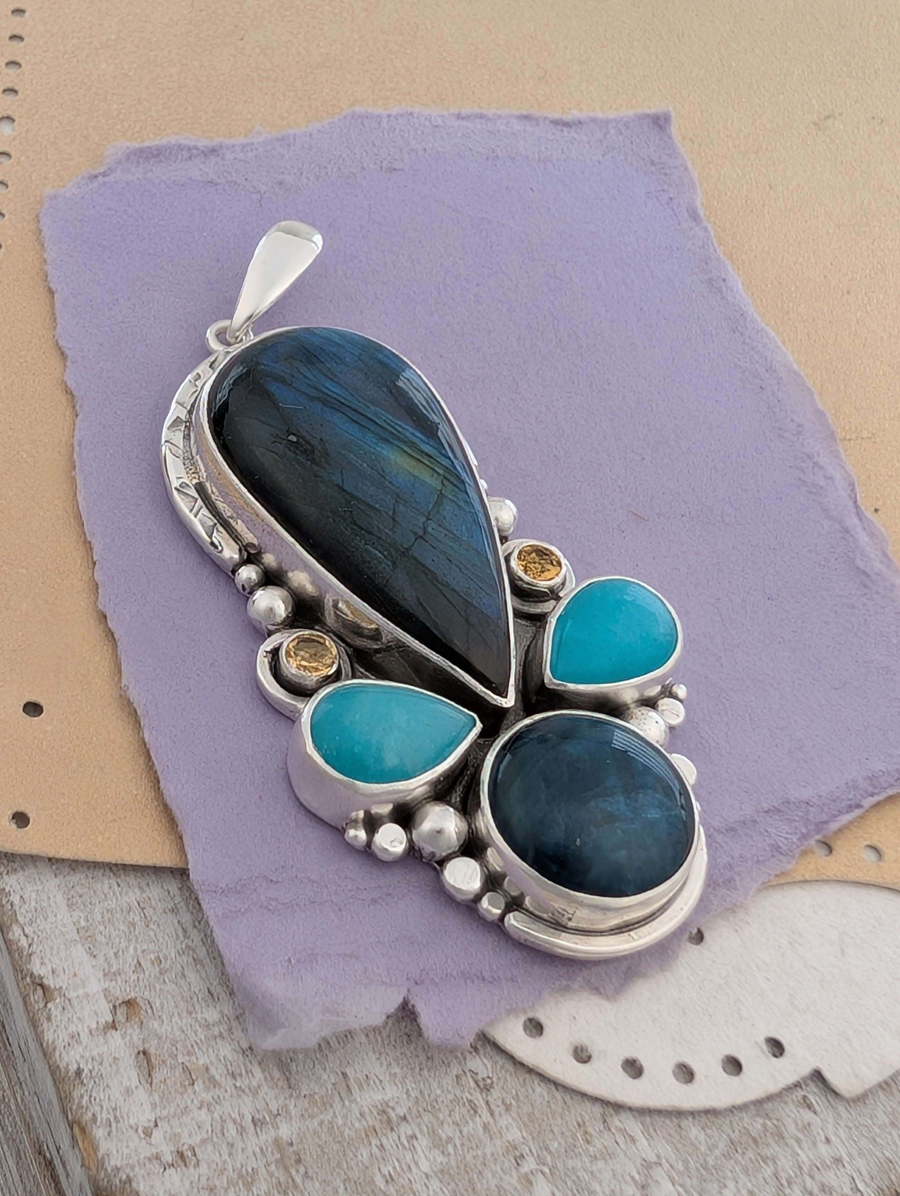 Labradorite, Amazonite, Apatite, and Citrine Sterling Silver Pendant