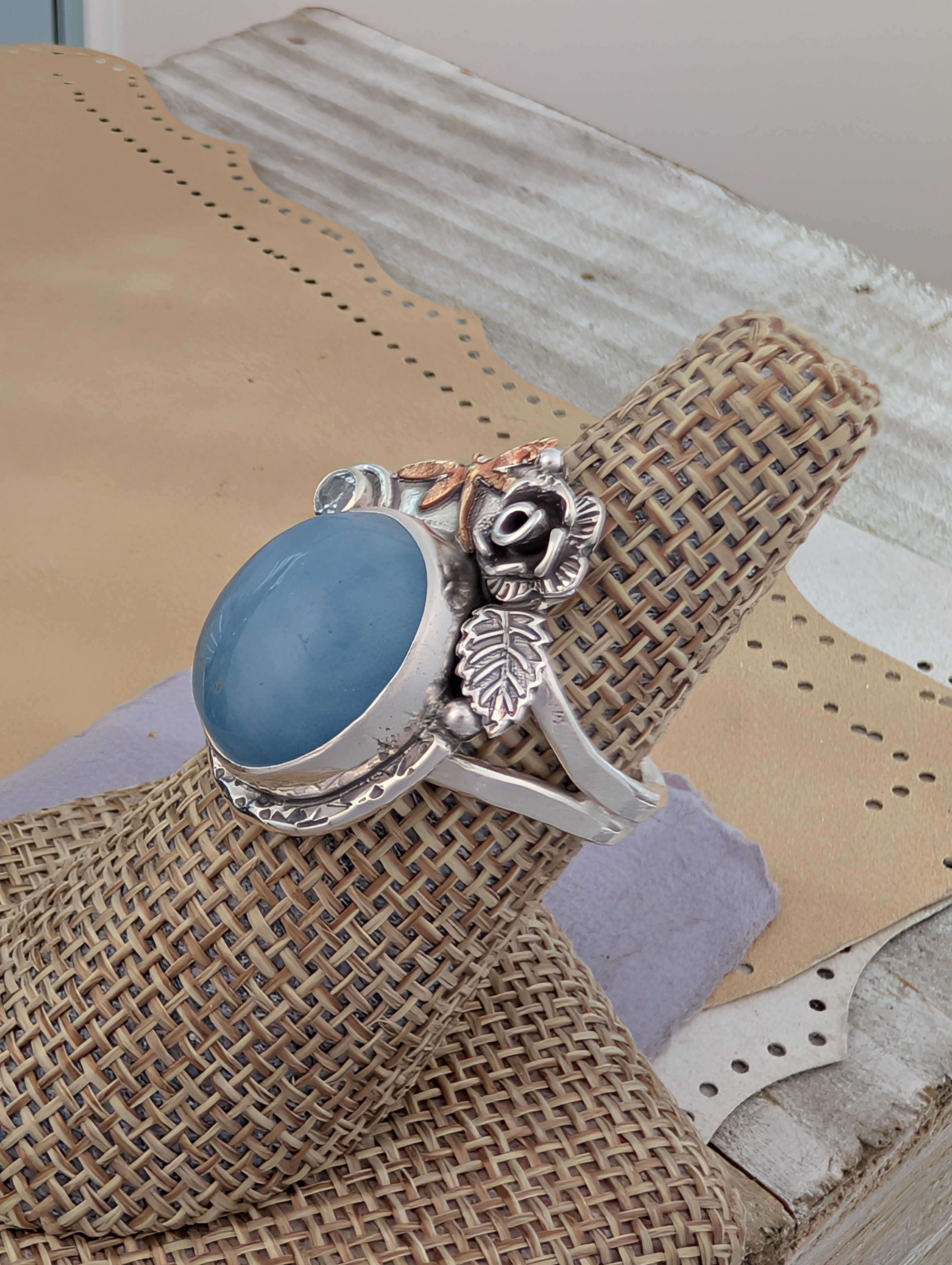 Size 7.5, Aquamarine, Sky Blue Topaz and Bronze Dragonfly Sterling Silver Ring