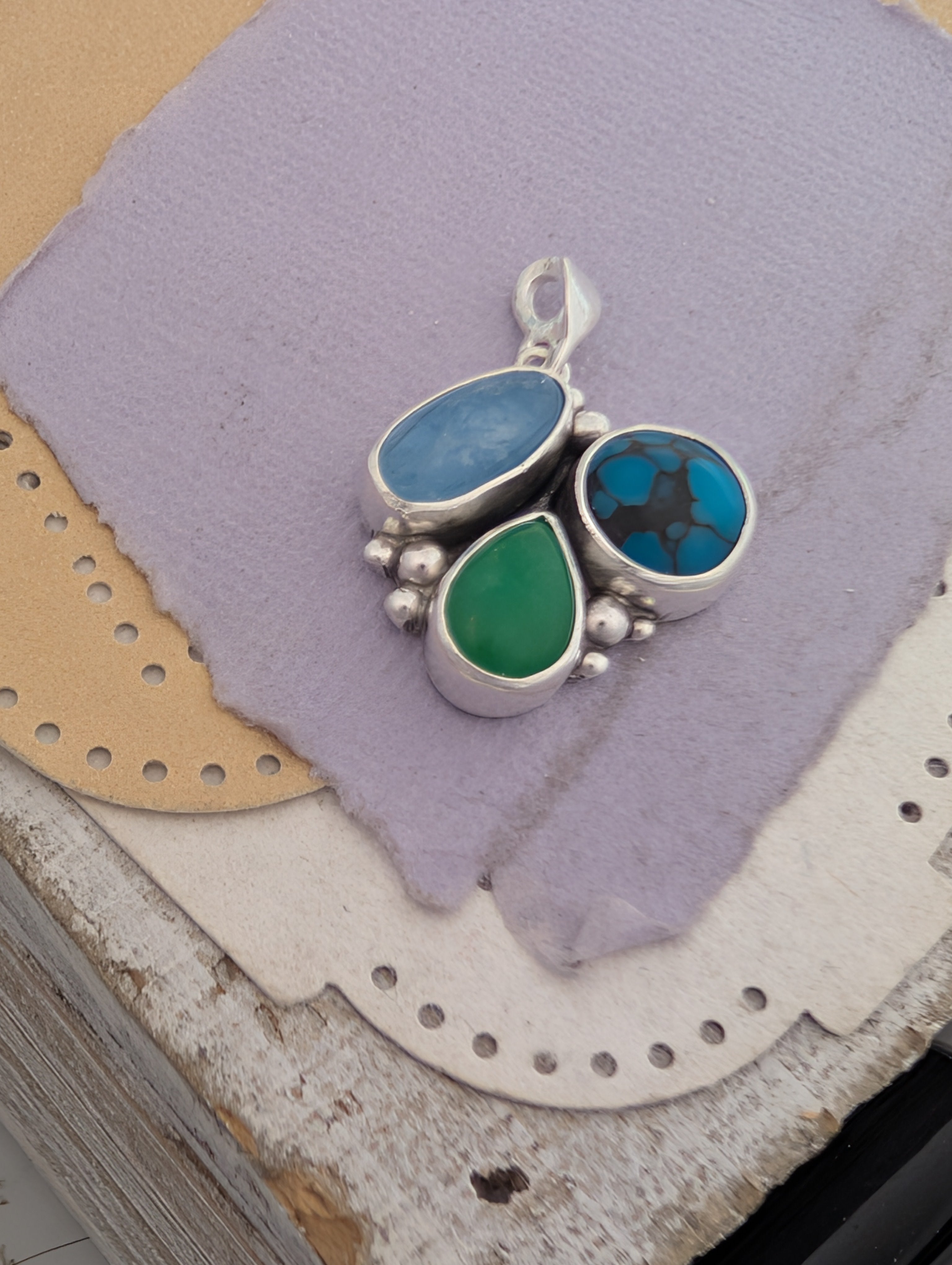 Turquoise, Chrysoprase, and Aquamarine Sterling Silver Pendant