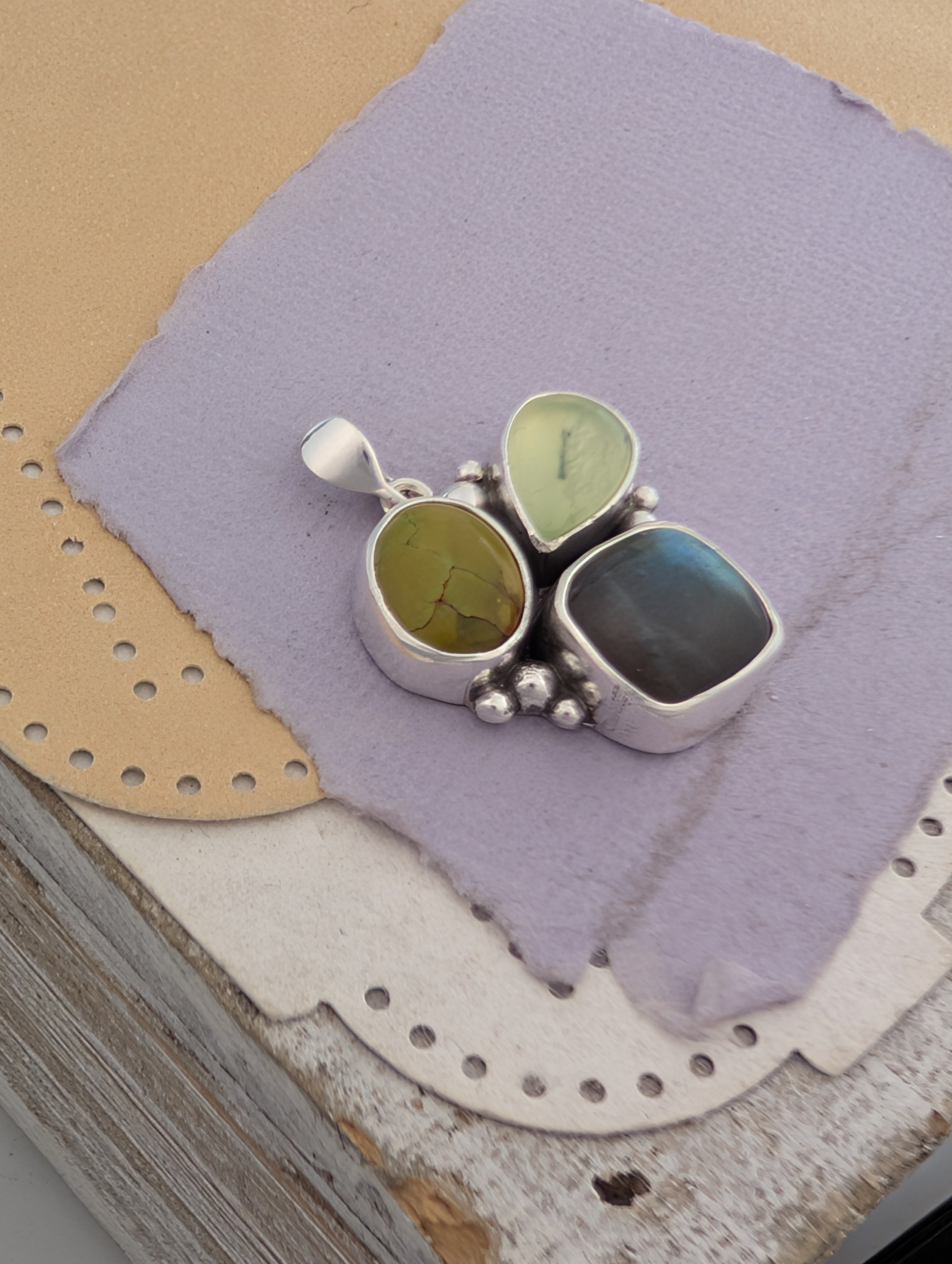 Labradorite, Prehnite, and Turquoise Sterling Silver Pendant