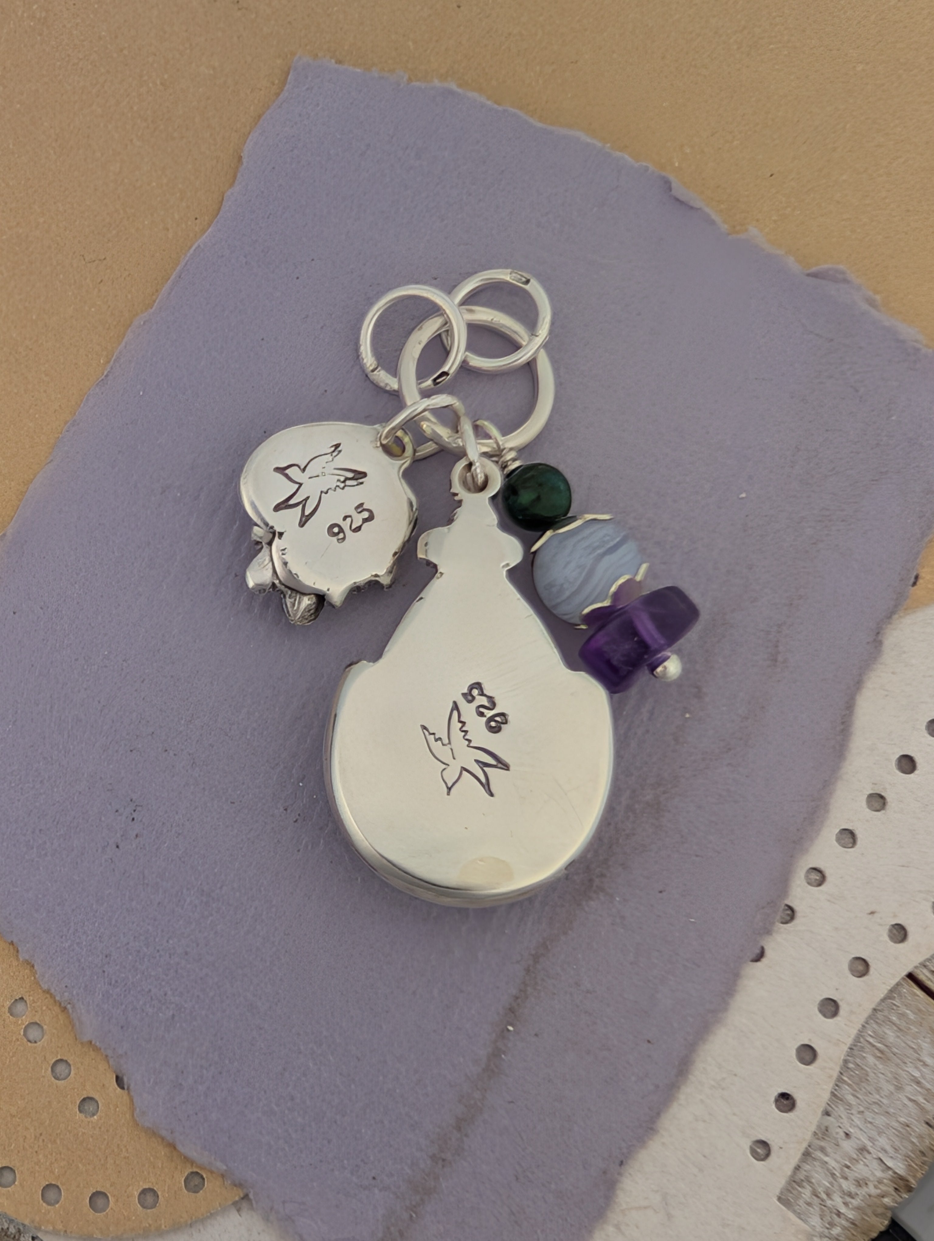 Grape Agate, Amethyst, Chrysocolla and Lace Agate Charm Sterling Silver Necklace