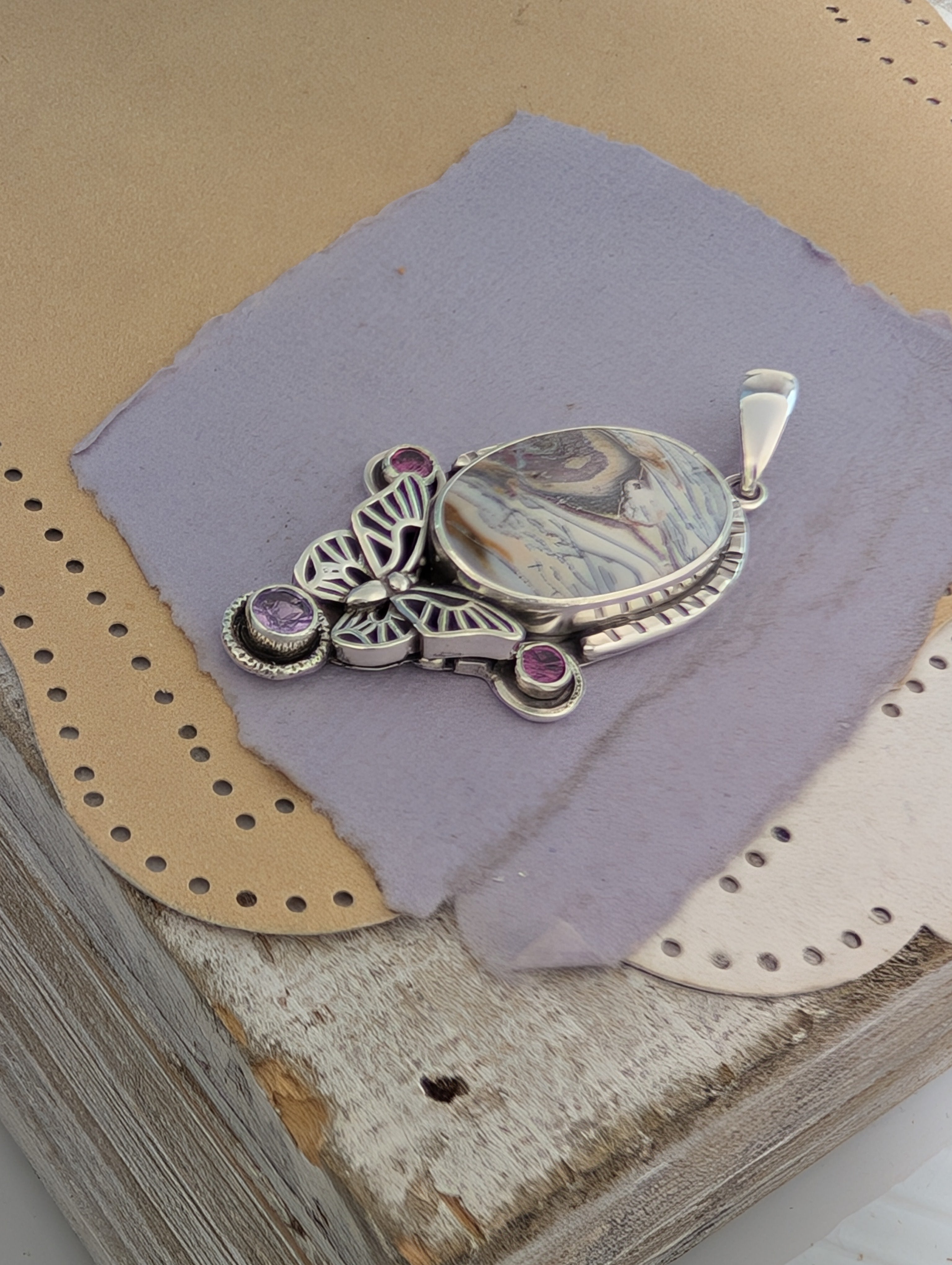Copper Petrified Wood, Amethyst and Rhodolite Garnet Sterling Silver Pendant