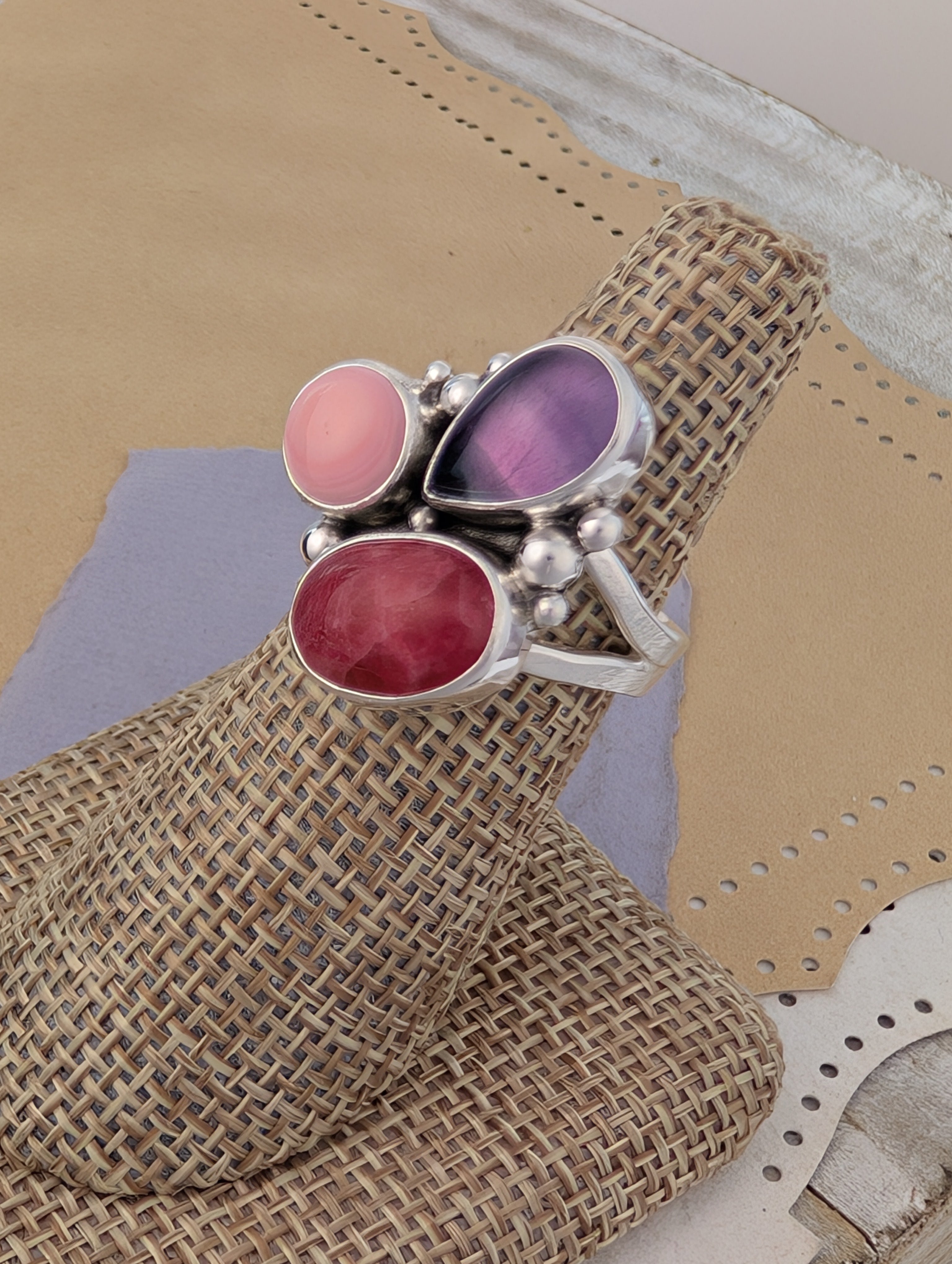 Size 8, Rhodonite, Conch Shell and Fluorite Sterling Silver Ring