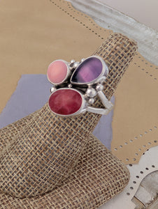 Size 8, Rhodonite, Conch Shell and Fluorite Sterling Silver Ring