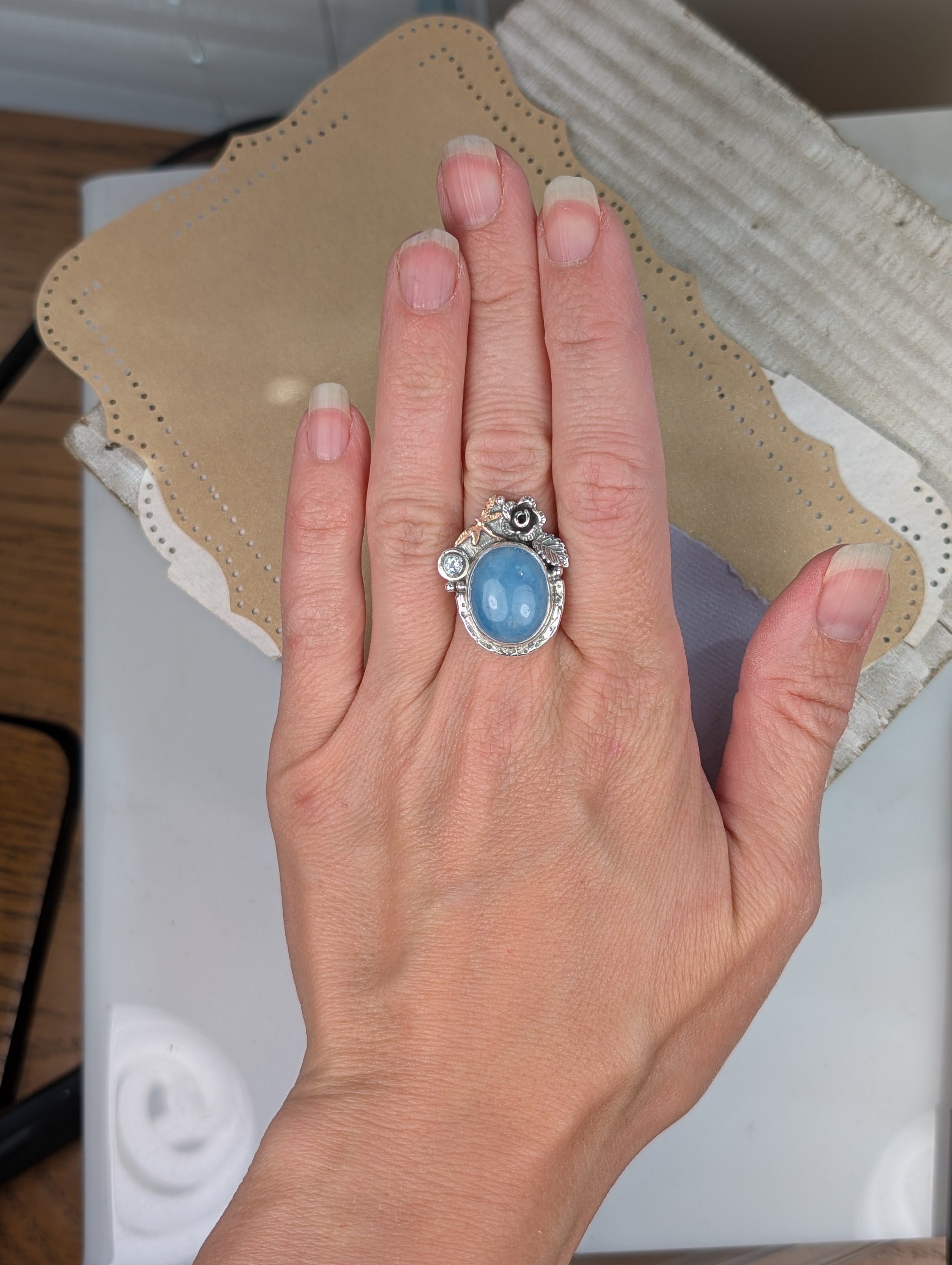 Size 7.5, Aquamarine, Sky Blue Topaz and Bronze Dragonfly Sterling Silver Ring