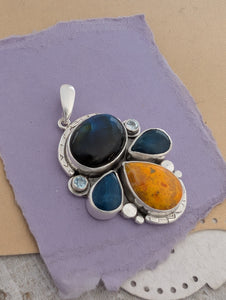 Labradorite, Bumblebee Jasper, Apatite and Sky Blue Topaz Sterling Silver Pendant