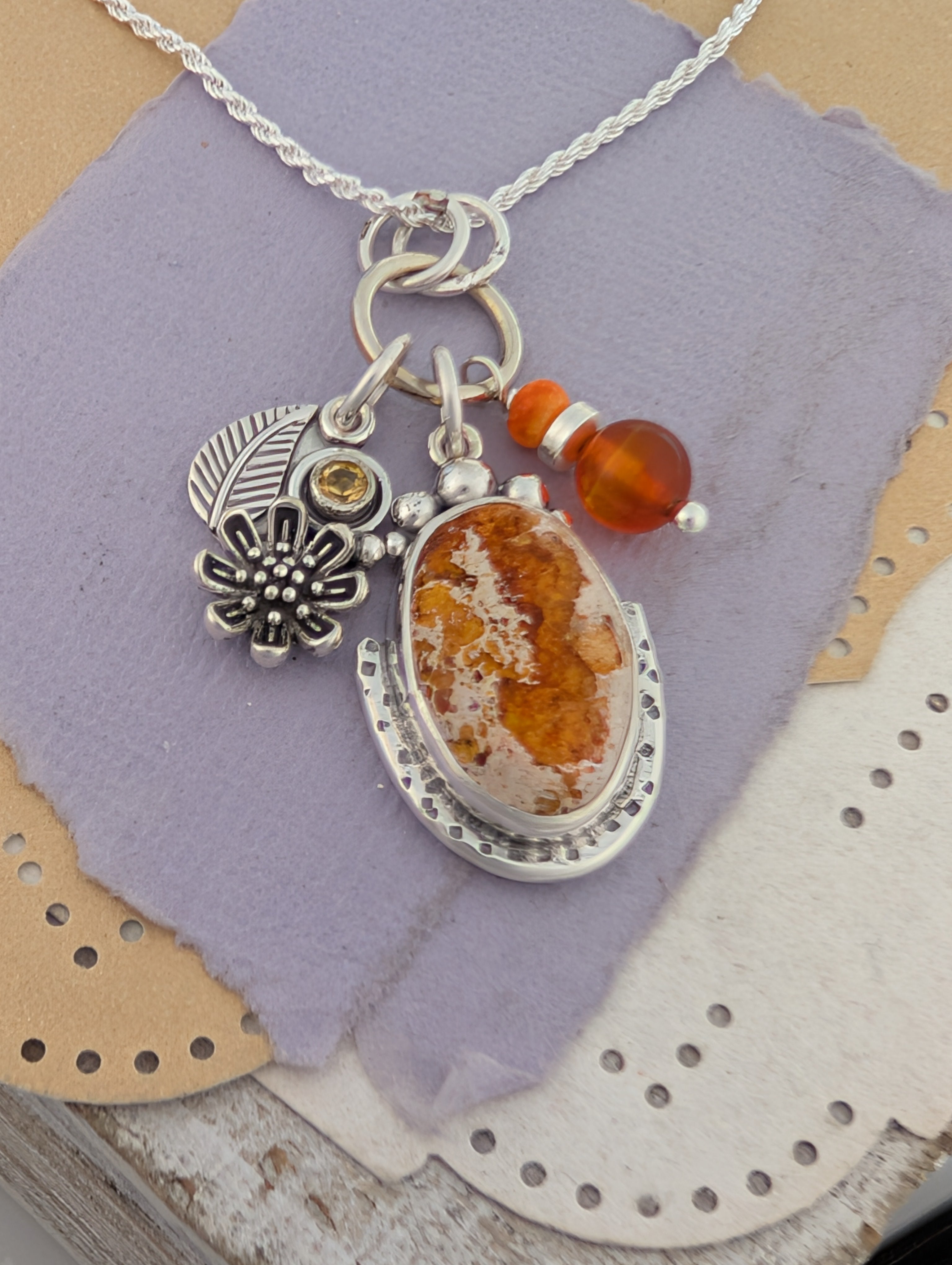 Mexican Jelly Opal, Citrine and Carnelian Charm Sterling Silver Necklace