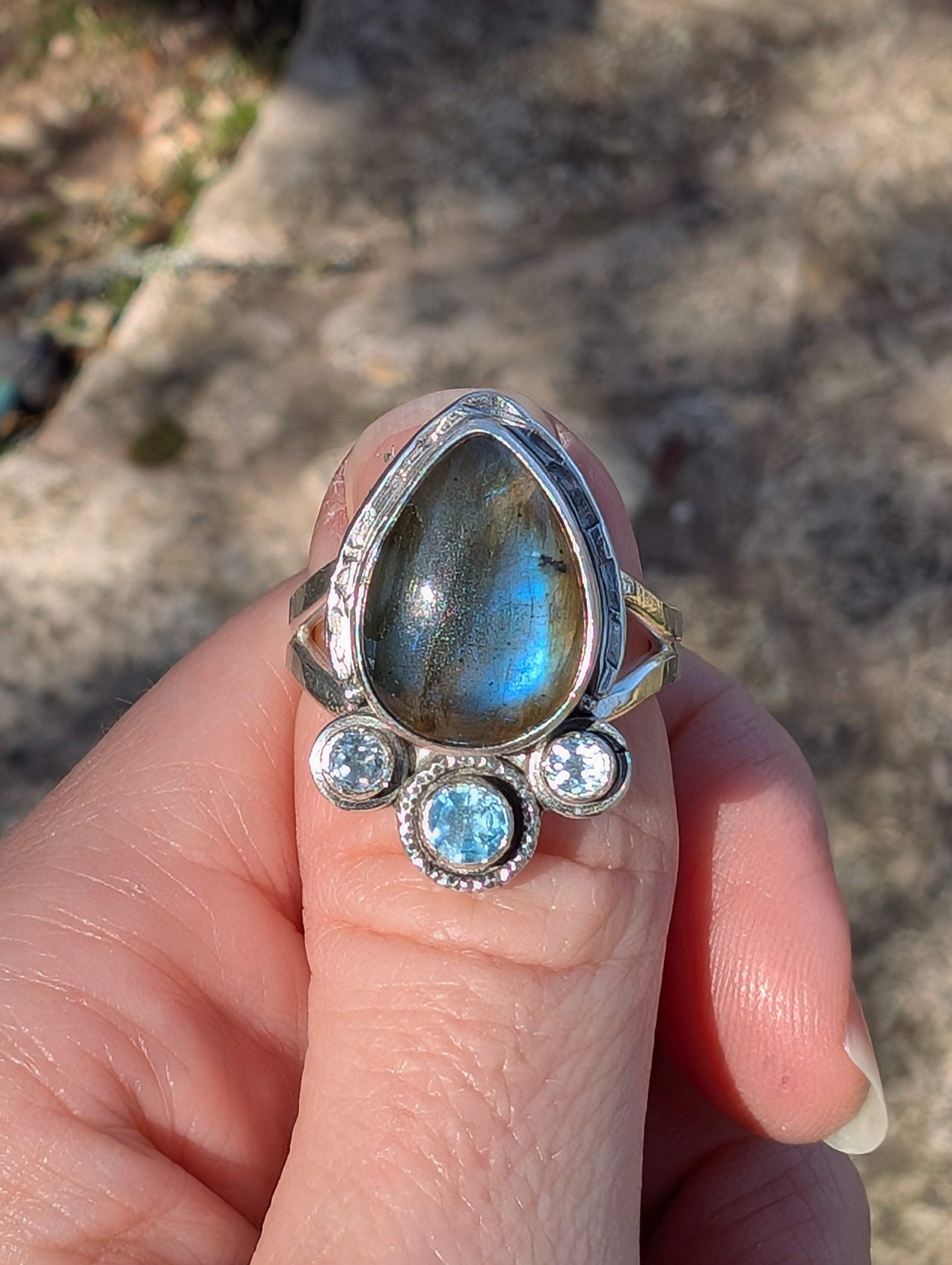 Size 8, Labradorite and Blue Topaz Sterling Silver Ring, #1